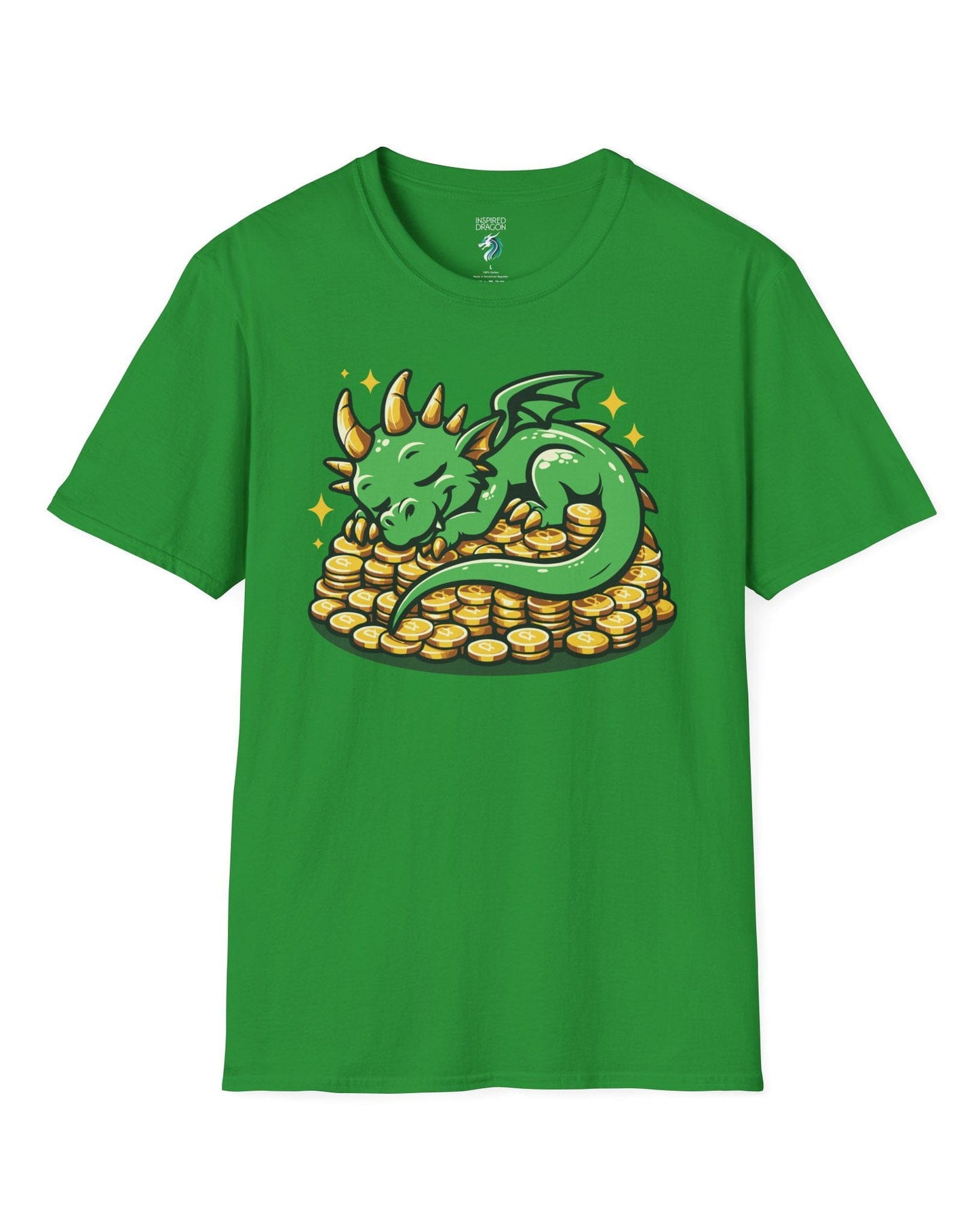Dreaming in Green and Gold shirt in Irish green featuring a cute green dragon sleeping on a pile of shiny gold coins.