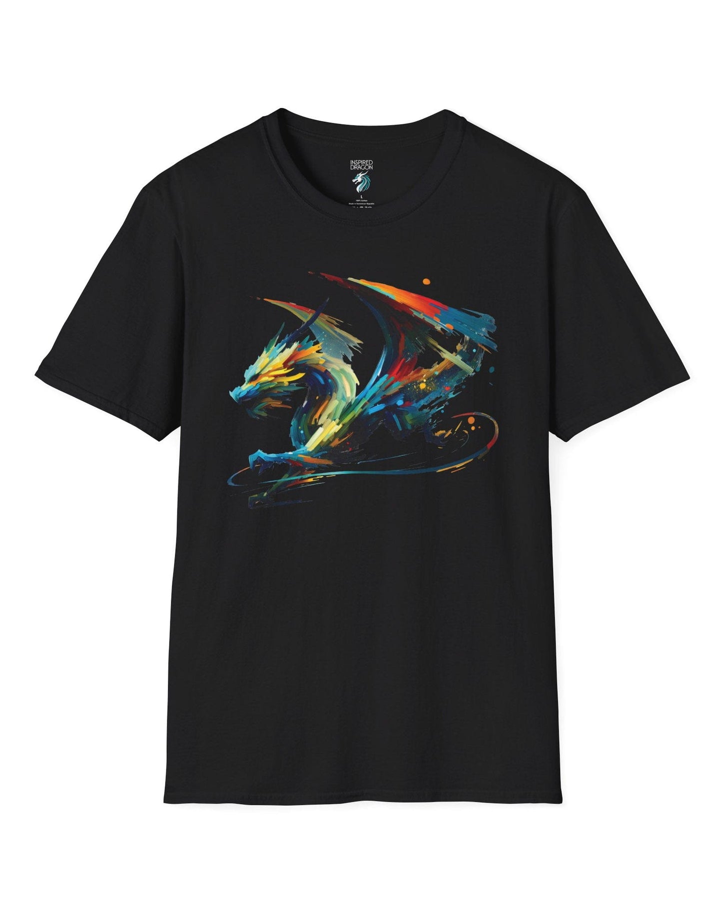 Prismatic Splatter Dragon shirt in black, featuring a dynamic multicolored dragon made of bold brush strokes.