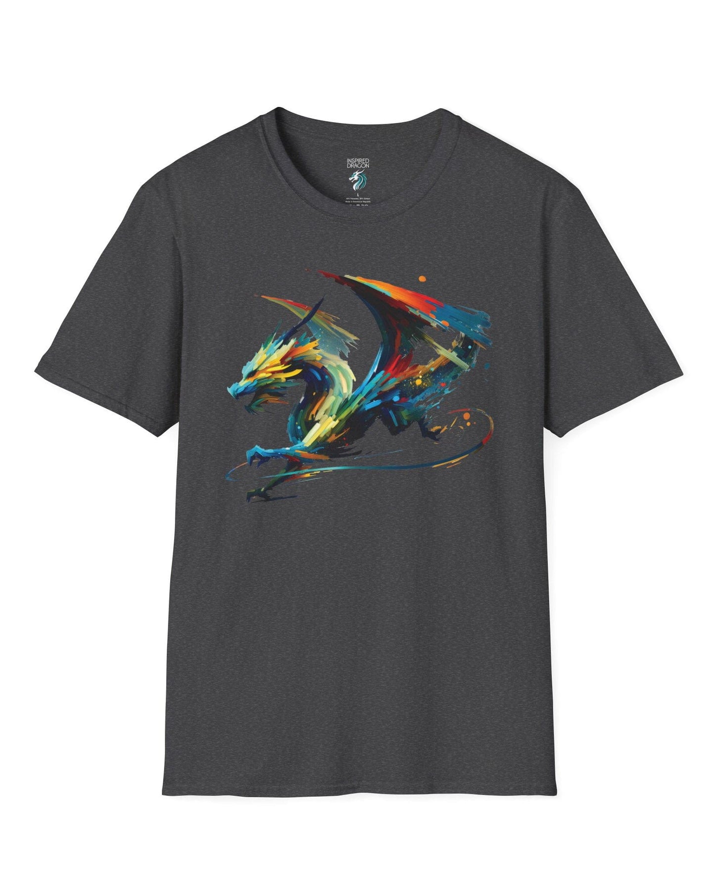 Prismatic Splatter Dragon shirt in dark heather grey, featuring a dynamic multicolored dragon made of bold brush strokes.