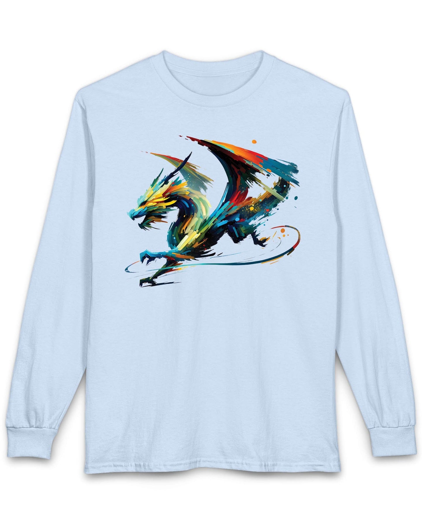 Prismatic Splatter Dragon shirt in light blue, featuring a dynamic multicolored dragon made of bold brush strokes.