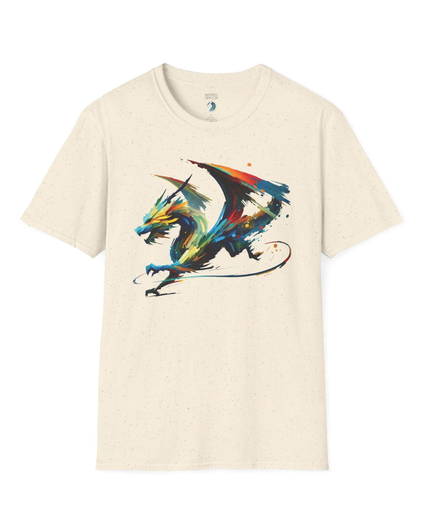 Prismatic Splatter Dragon shirt in natural, featuring a dynamic multicolored dragon made of bold brush strokes.