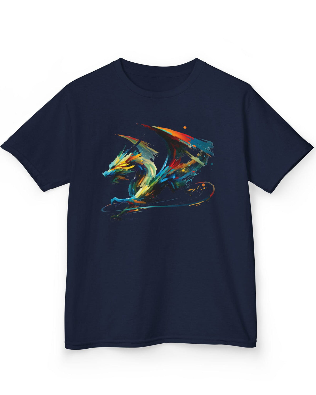 Prismatic Splatter Dragon shirt in navy, featuring a dynamic multicolored dragon made of bold brush strokes.