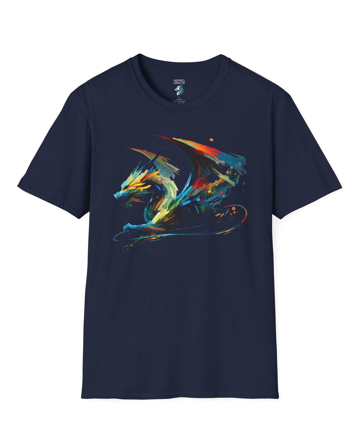 Prismatic Splatter Dragon shirt in navy, featuring a dynamic multicolored dragon made of bold brush strokes.