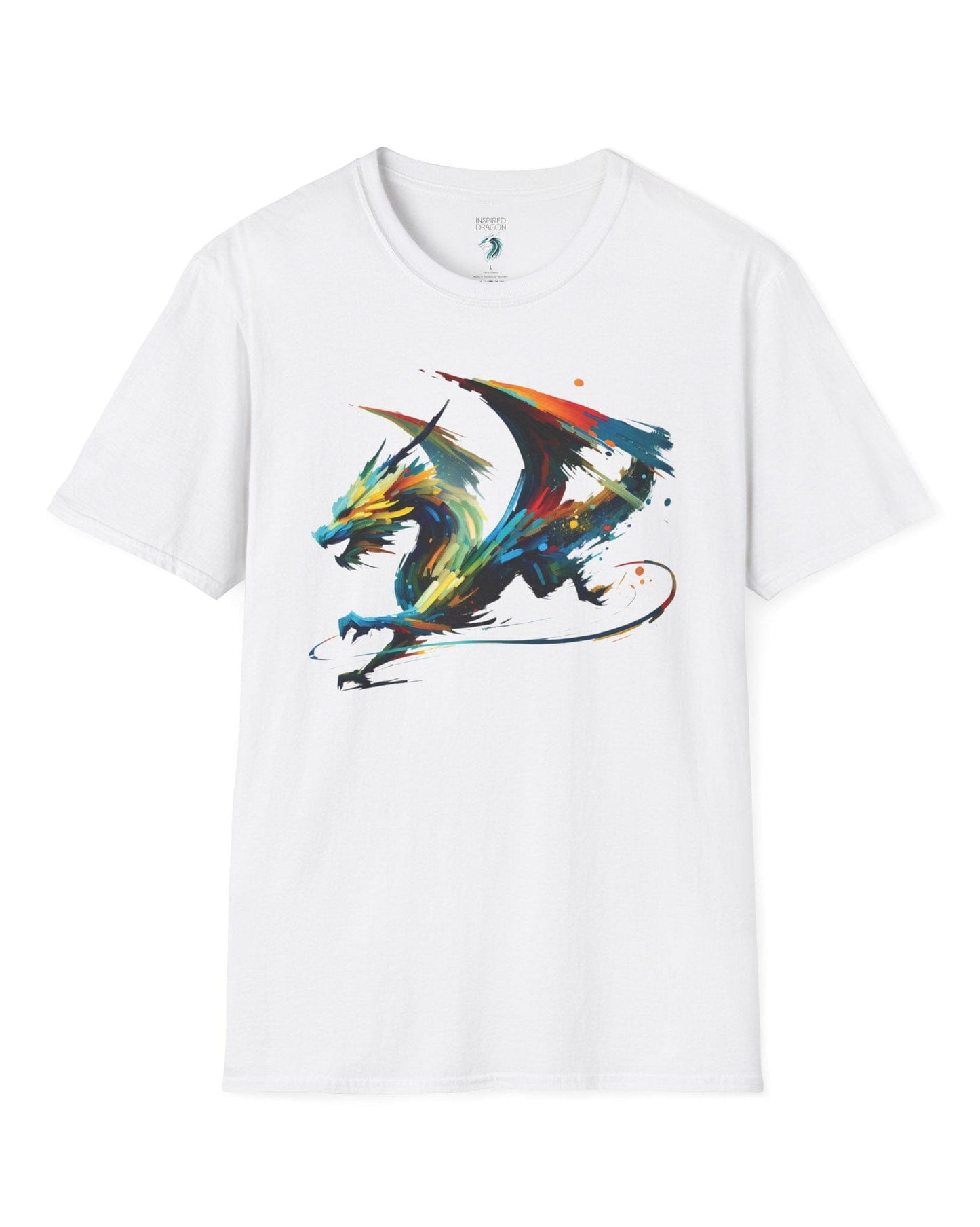 Prismatic Splatter Dragon shirt in white, featuring a dynamic multicolored dragon made of bold brush strokes.