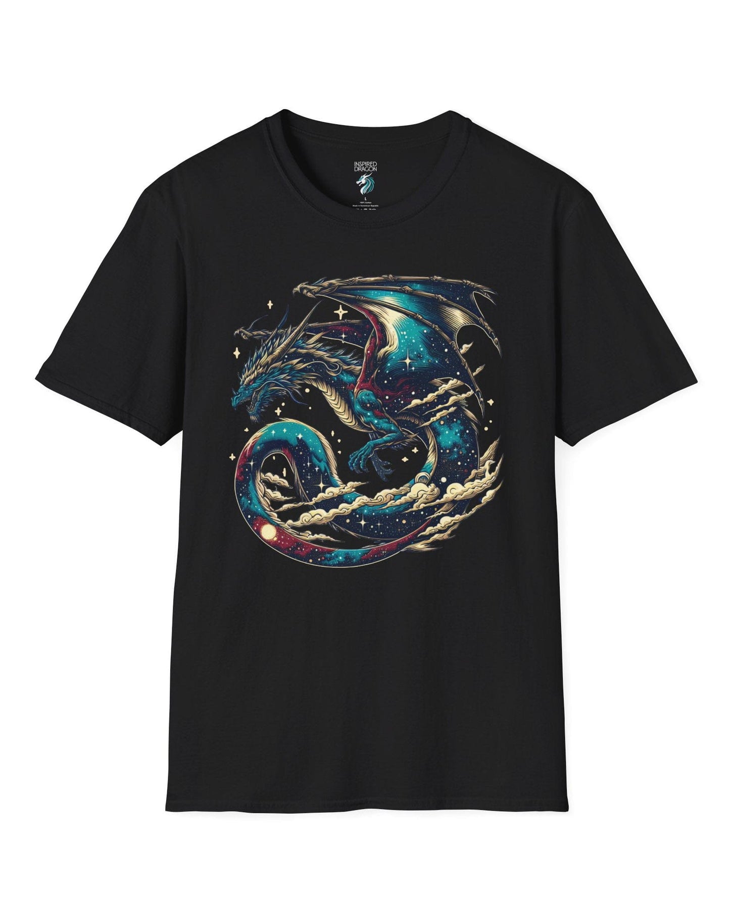Celestial Serpent shirt in black, featuring a cosmic dragon with star-filled wings and swirling clouds.