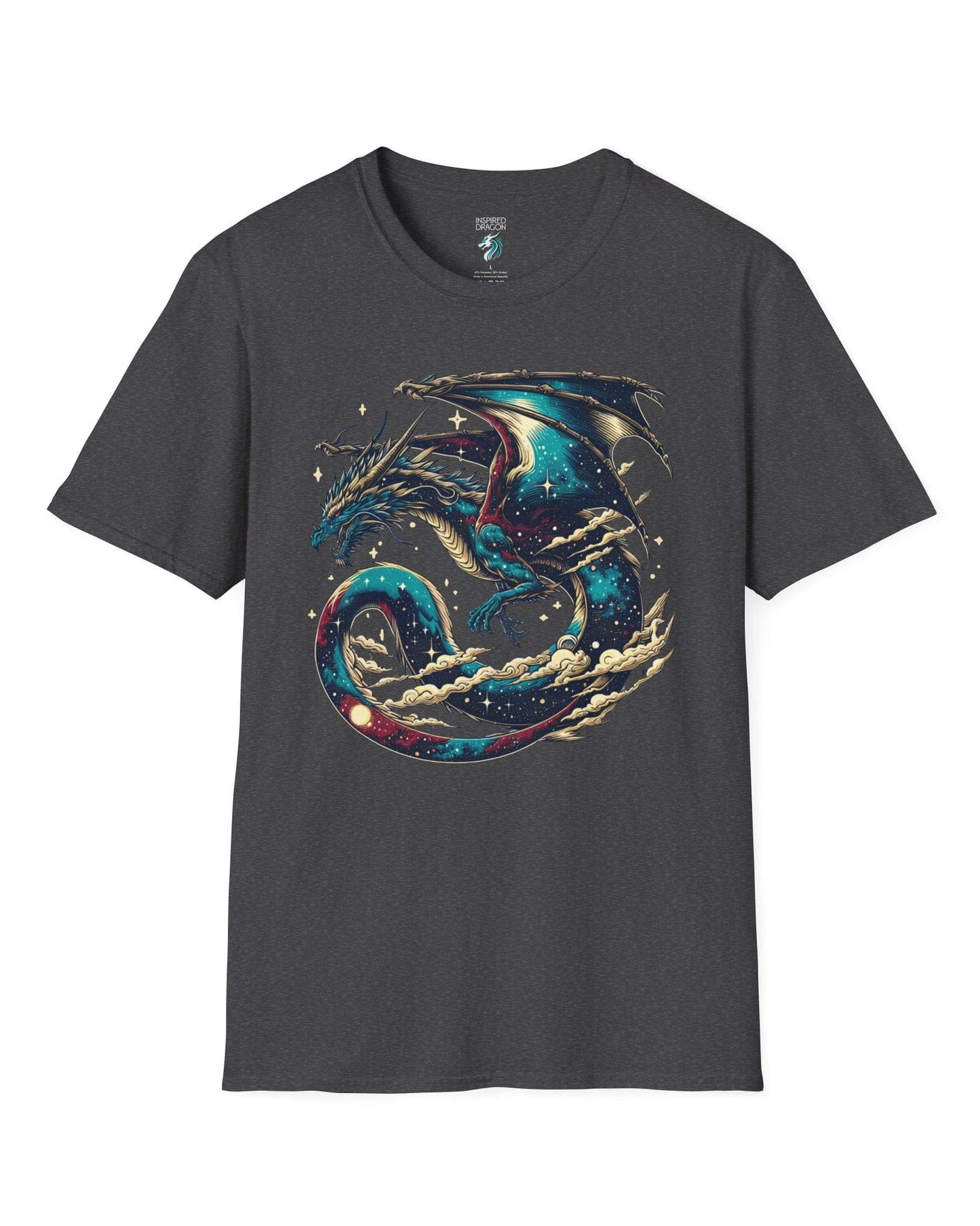 Celestial Serpent shirt in dark heather grey, featuring a cosmic dragon with star-filled wings and swirling clouds.