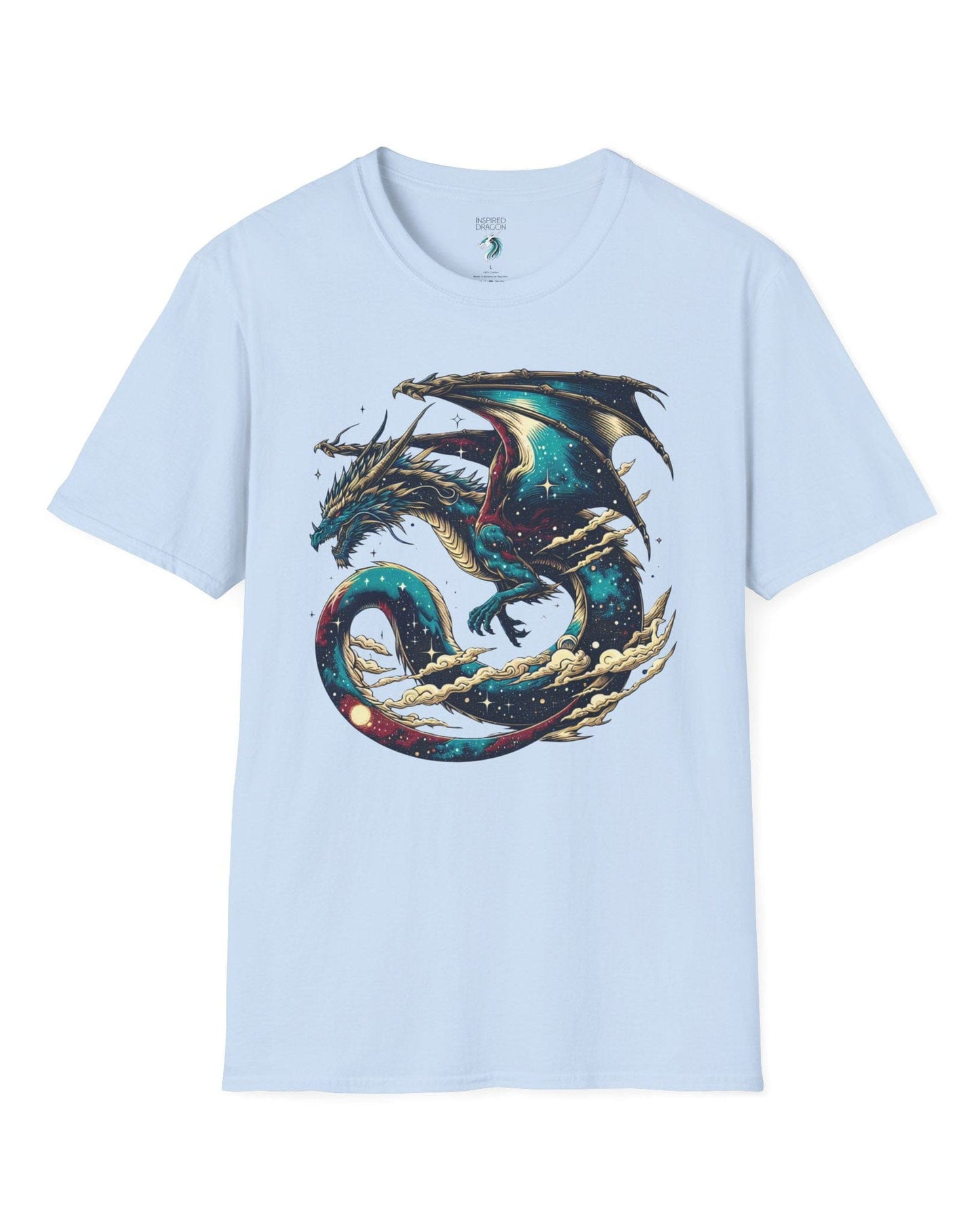 Celestial Serpent shirt in light blue, featuring a cosmic dragon with star-filled wings and swirling clouds.