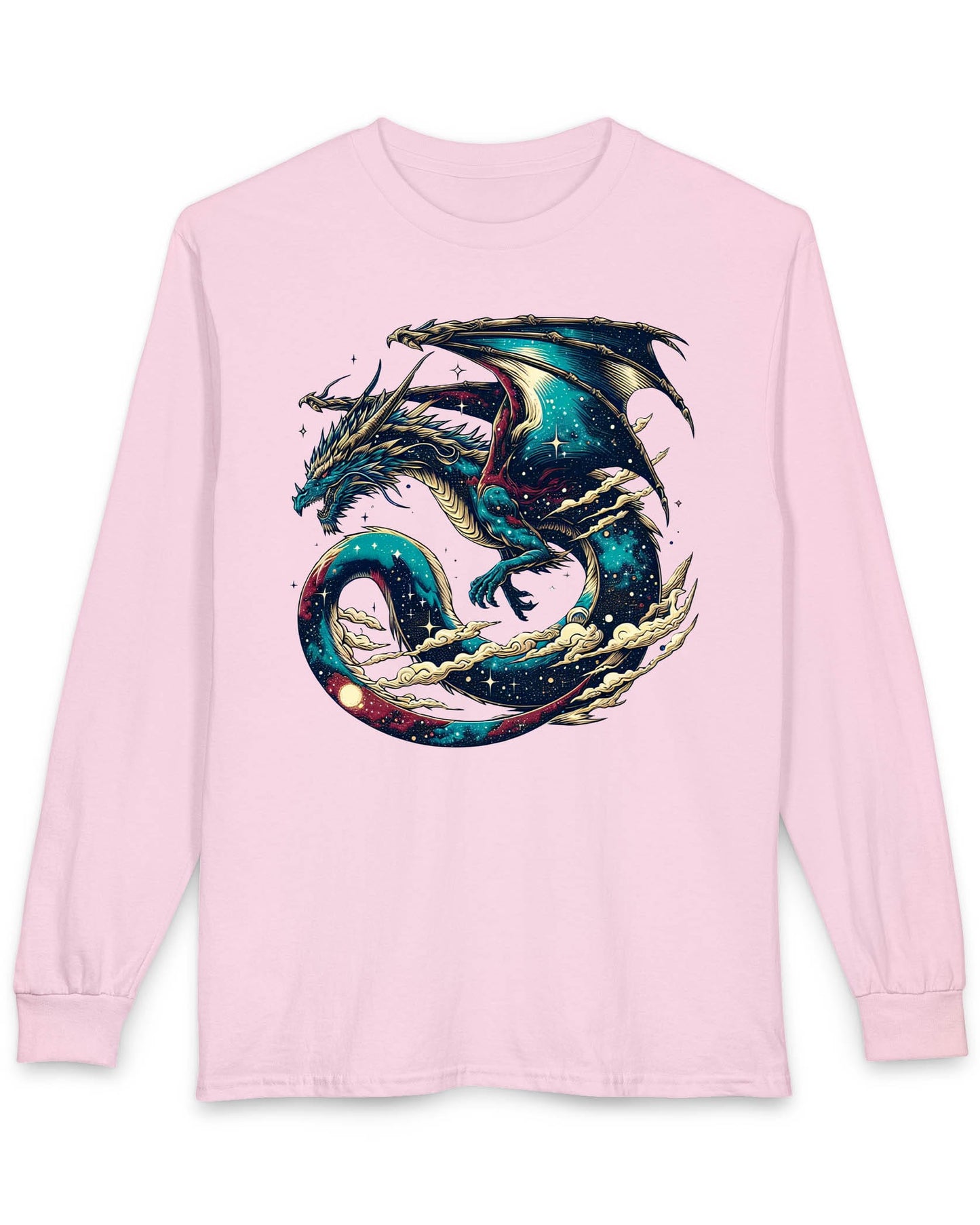 Celestial Serpent shirt in light pink featuring a cosmic dragon with star-filled wings and swirling clouds