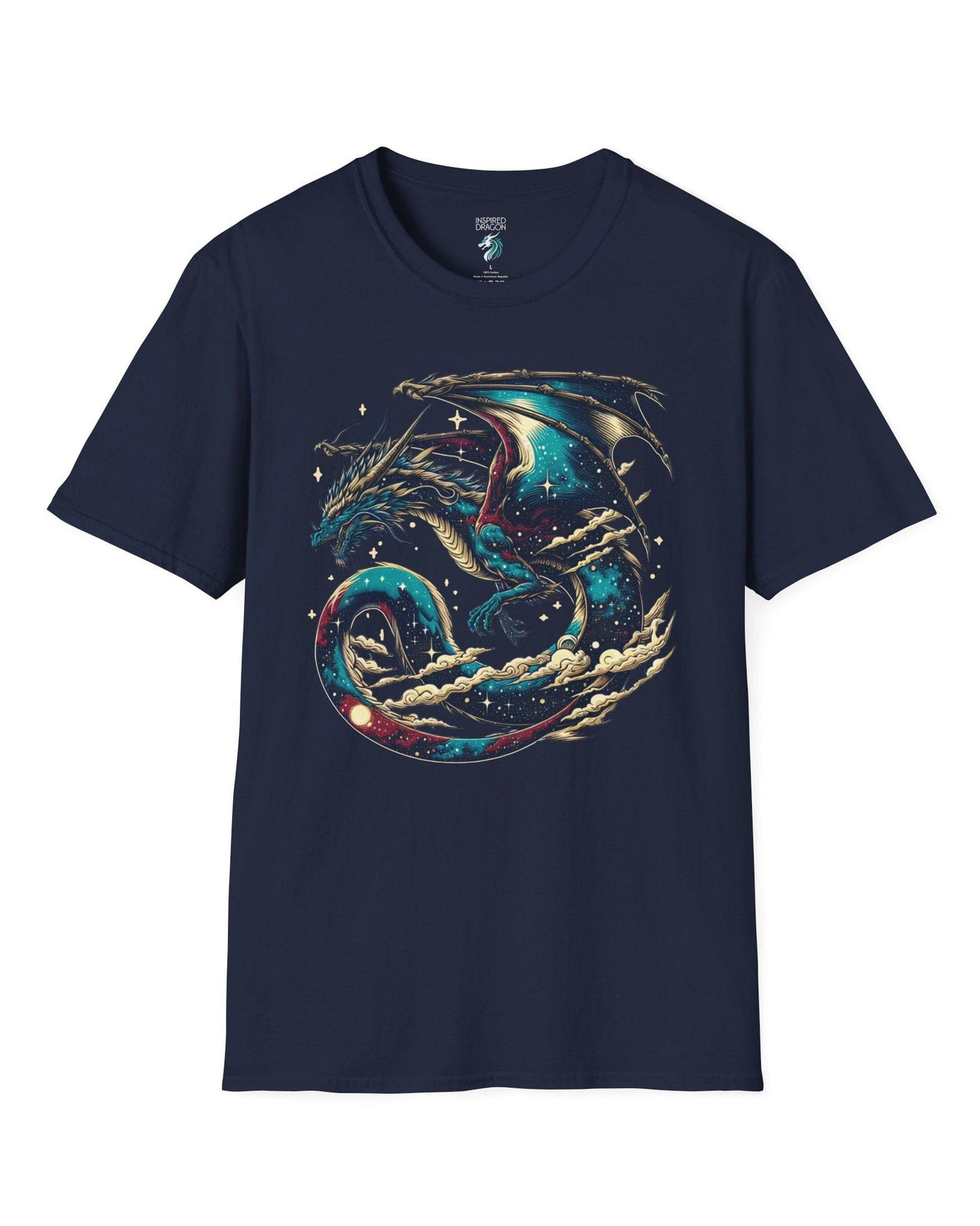 Celestial Serpent shirt in navy, featuring a cosmic dragon with star-filled wings and swirling clouds.