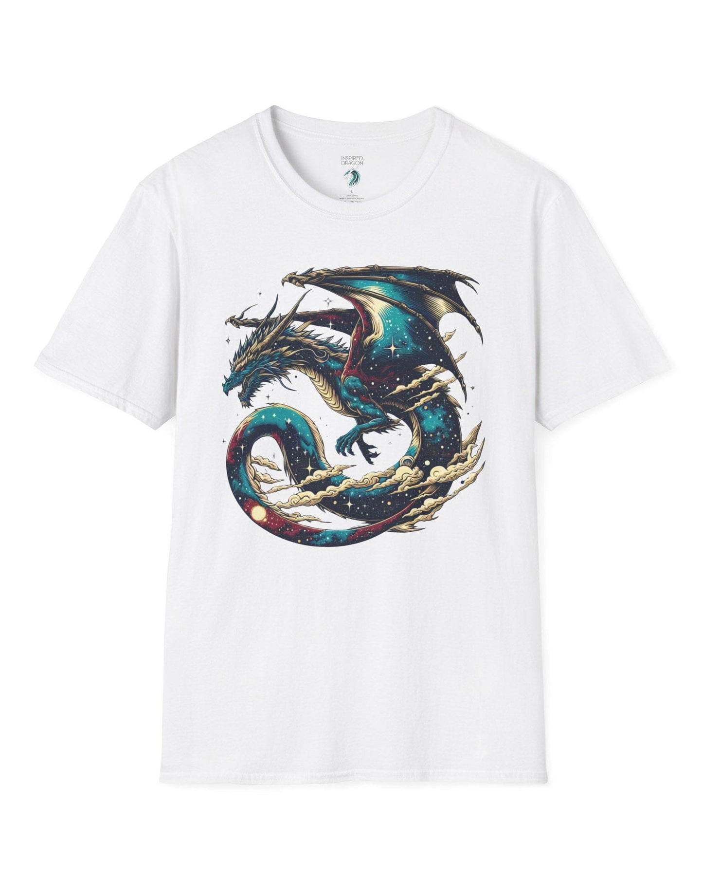 Celestial Serpent shirt in white, featuring a cosmic dragon with star-filled wings and swirling clouds.