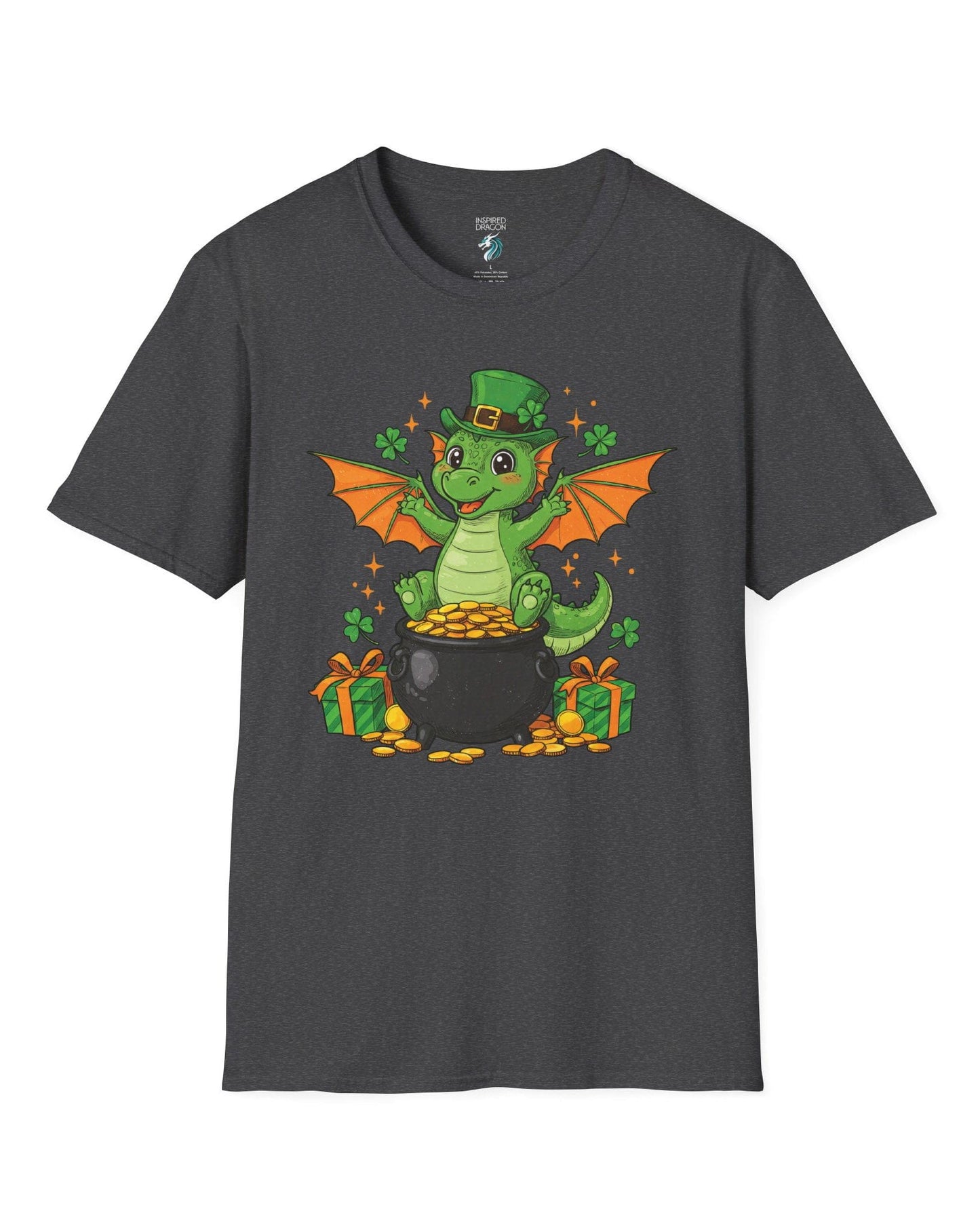 Luck o' the Dragon shirt in dark heather grey featuring a cheerful green dragon in a leprechaun hat sitting on a pot of gold.