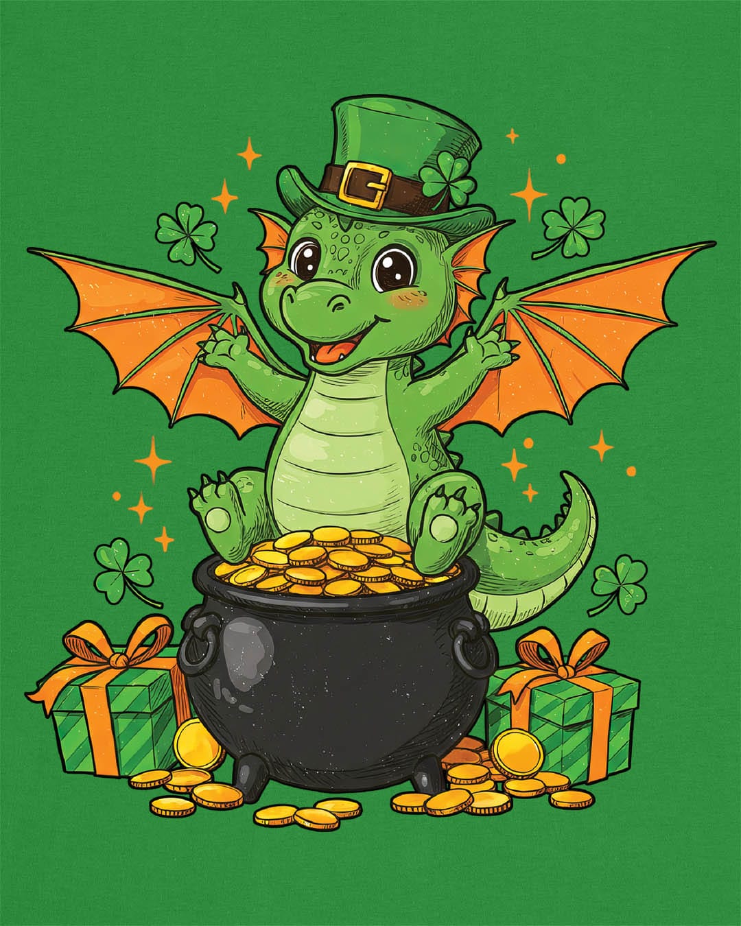 Luck o' the Dragon shirt in Irish green featuring a cheerful green dragon in a leprechaun hat sitting on a pot of gold.