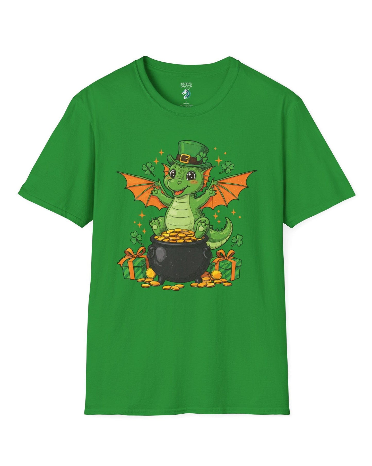Luck o' the Dragon shirt in Irish green featuring a cheerful green dragon in a leprechaun hat sitting on a pot of gold.