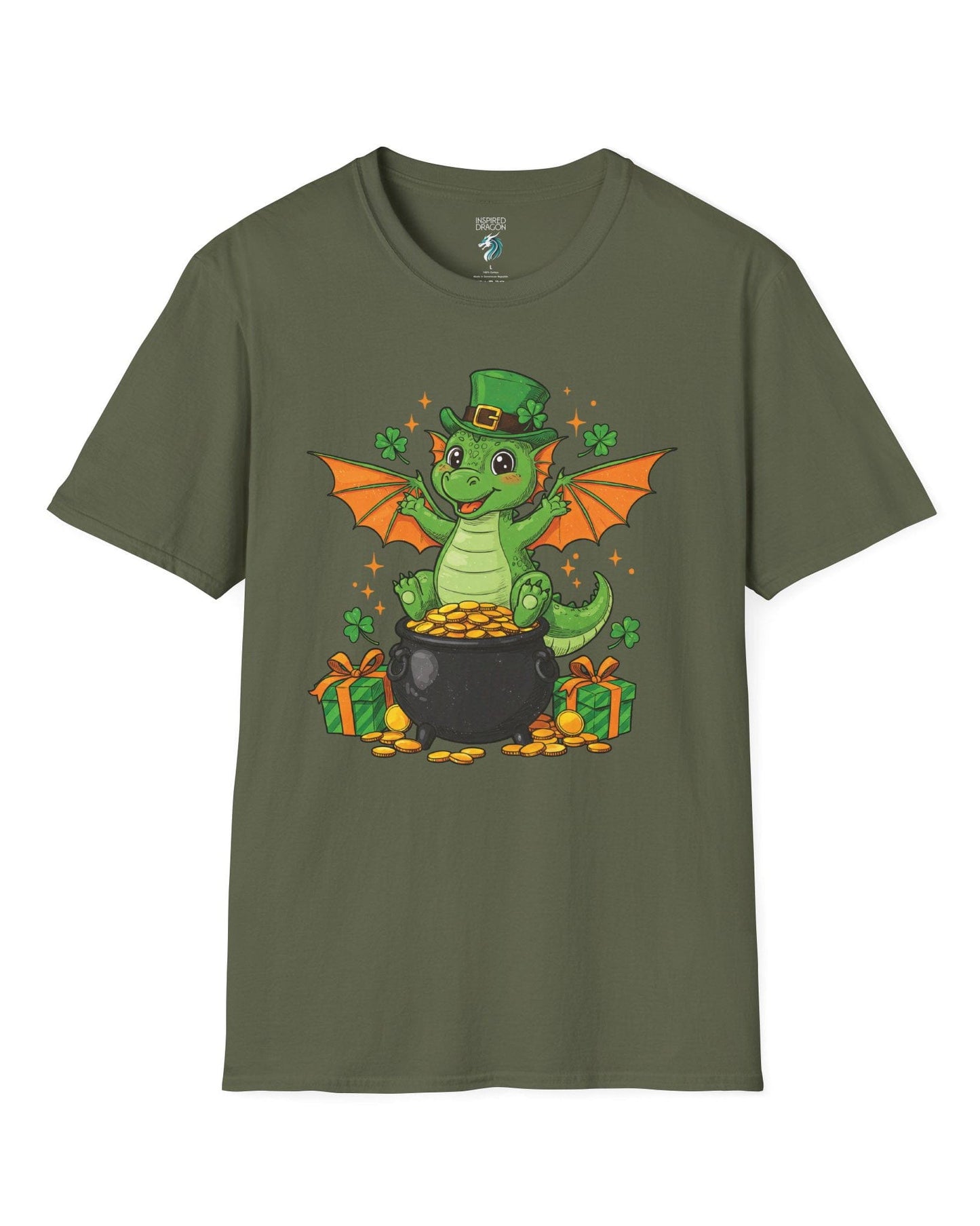 Luck o' the Dragon shirt in military green featuring a cheerful green dragon in a leprechaun hat sitting on a pot of gold.