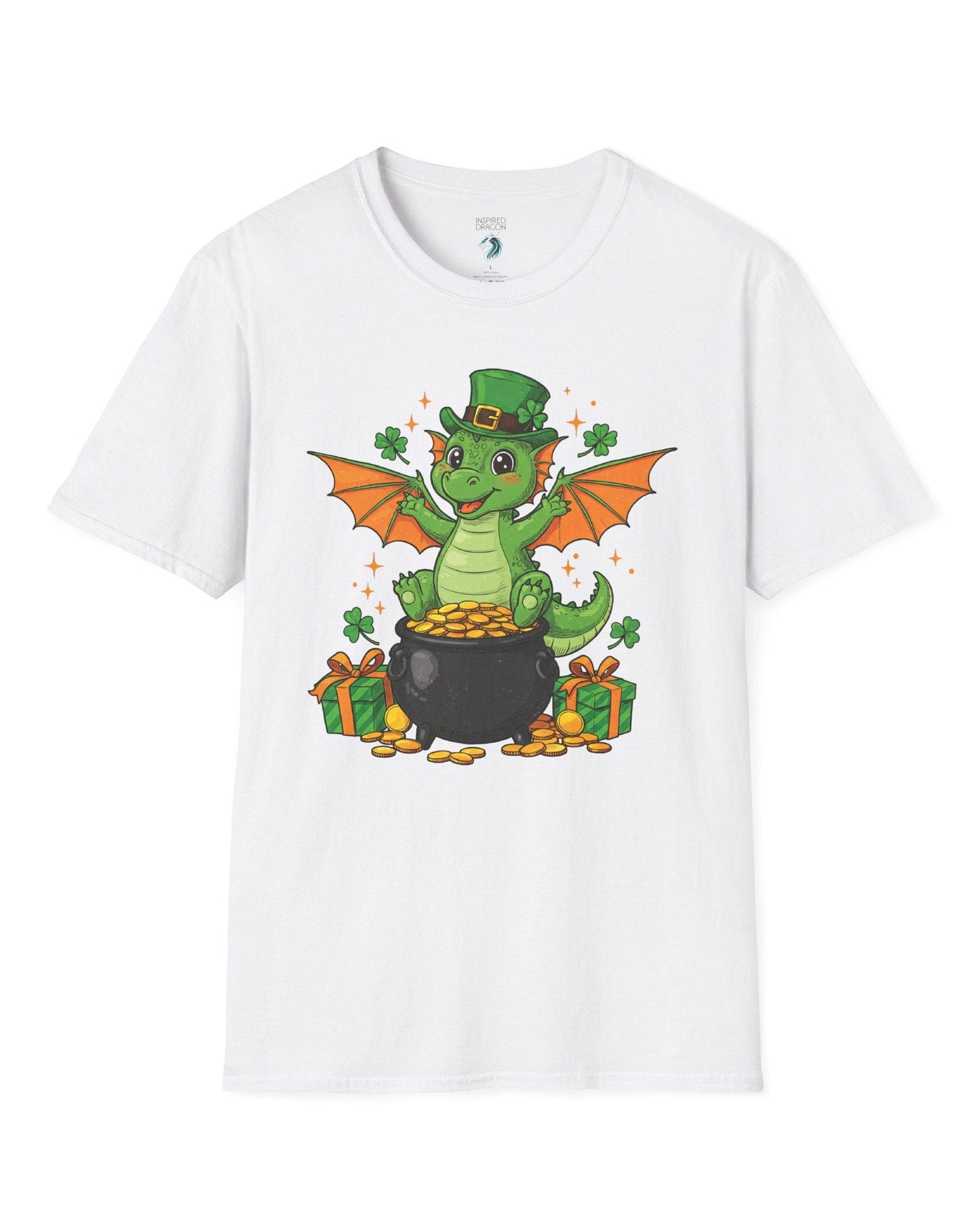 Luck o' the Dragon shirt in white featuring a cheerful green dragon in a leprechaun hat sitting on a pot of gold.