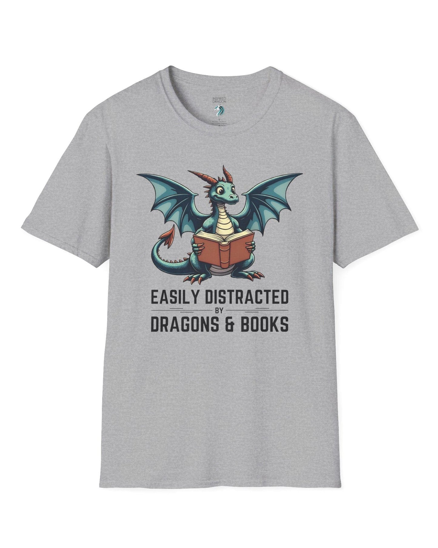 Easily Distracted by Dragons & Books shirt in sport grey featuring a teal dragon reading an open book with wide eyes.