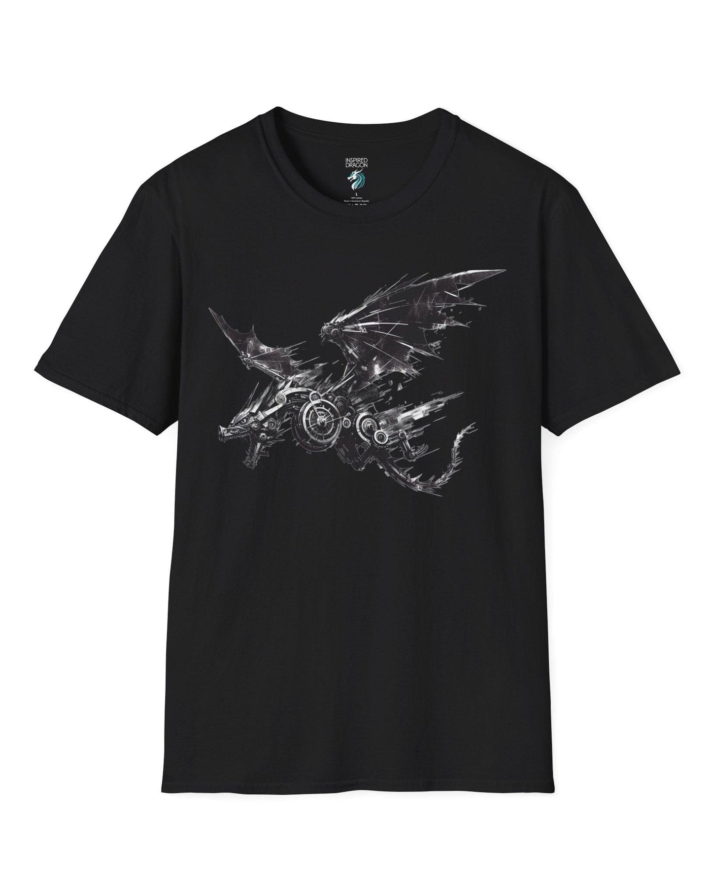 Steelbound Revenant shirt in black, featuring a black mechanical dragon in mid-flight with steampunk details.