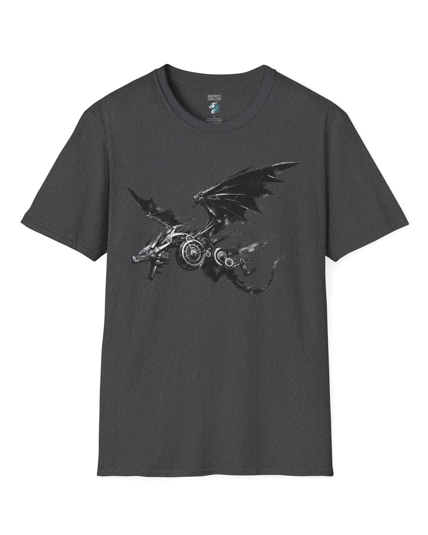 Steelbound Revenant shirt in dark heather grey, featuring a black mechanical dragon in mid-flight with steampunk details.