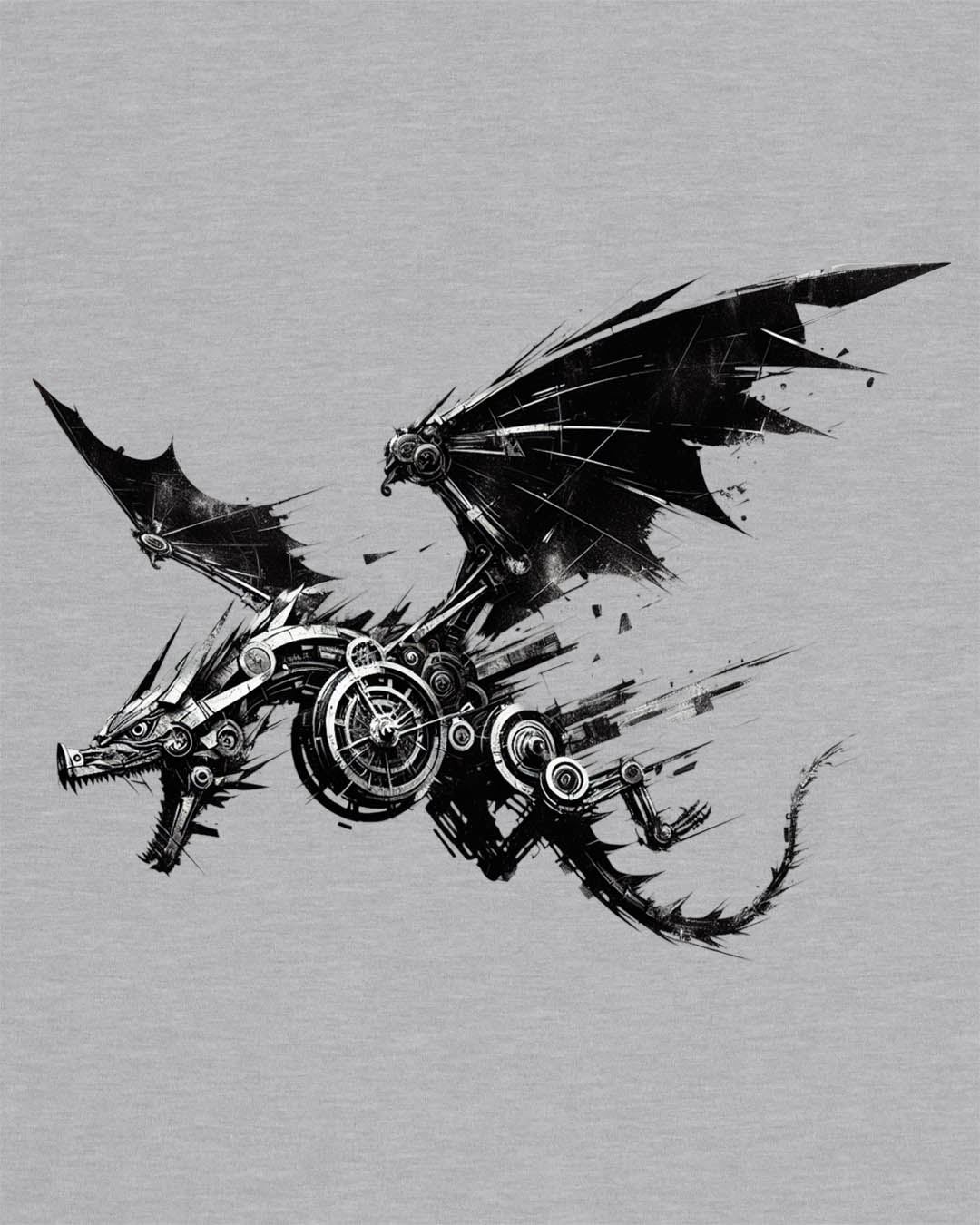 Steelbound Revenant shirt in sport grey, featuring a black mechanical dragon in mid-flight with steampunk details.