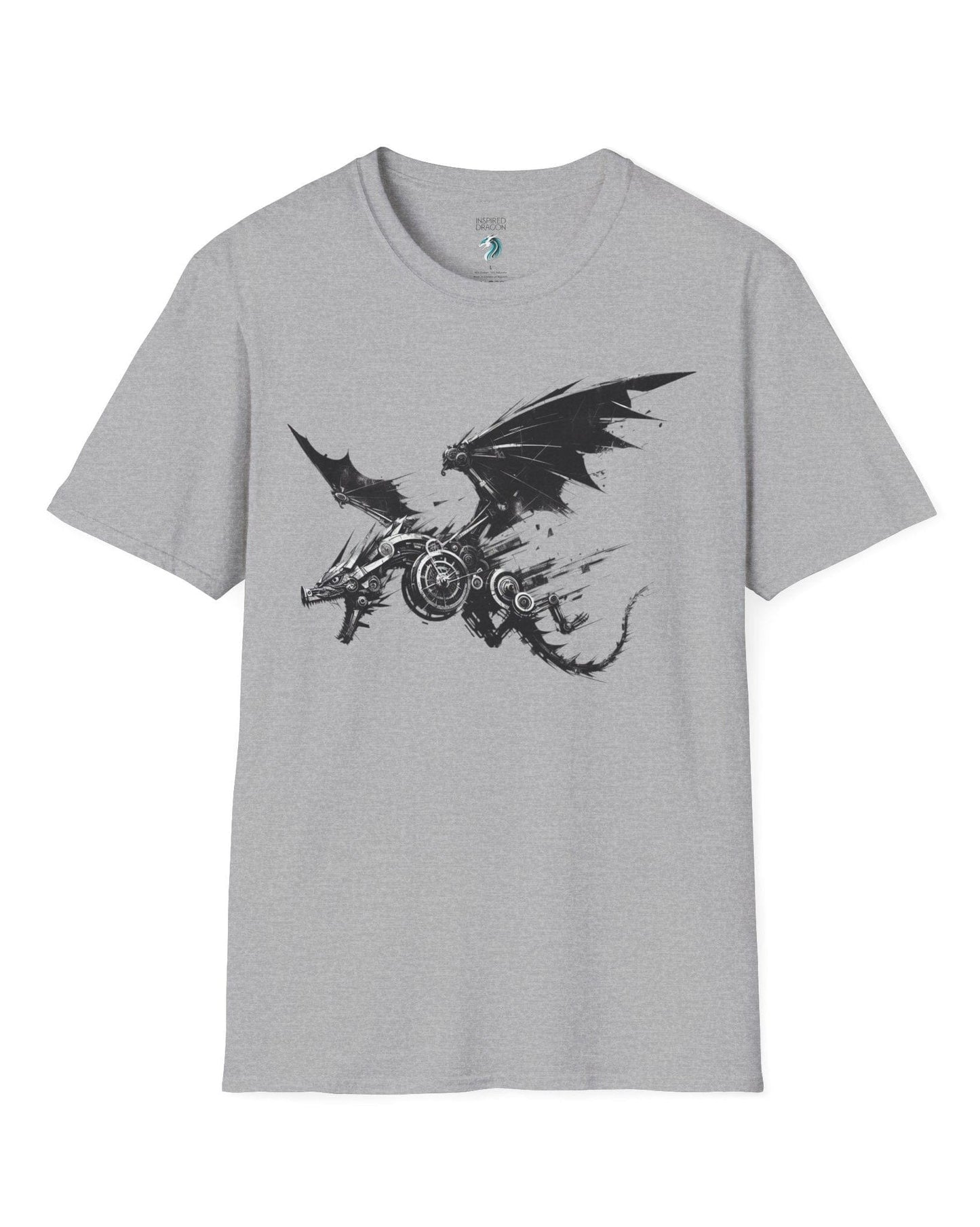 Steelbound Revenant shirt in sport grey, featuring a black mechanical dragon in mid-flight with steampunk details.