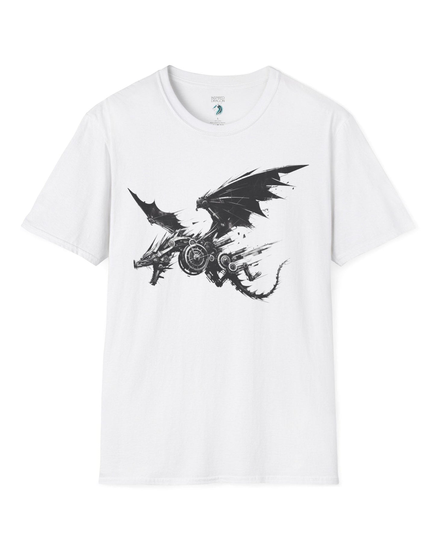 Steelbound Revenant shirt in white, featuring a black mechanical dragon in mid-flight with steampunk details.