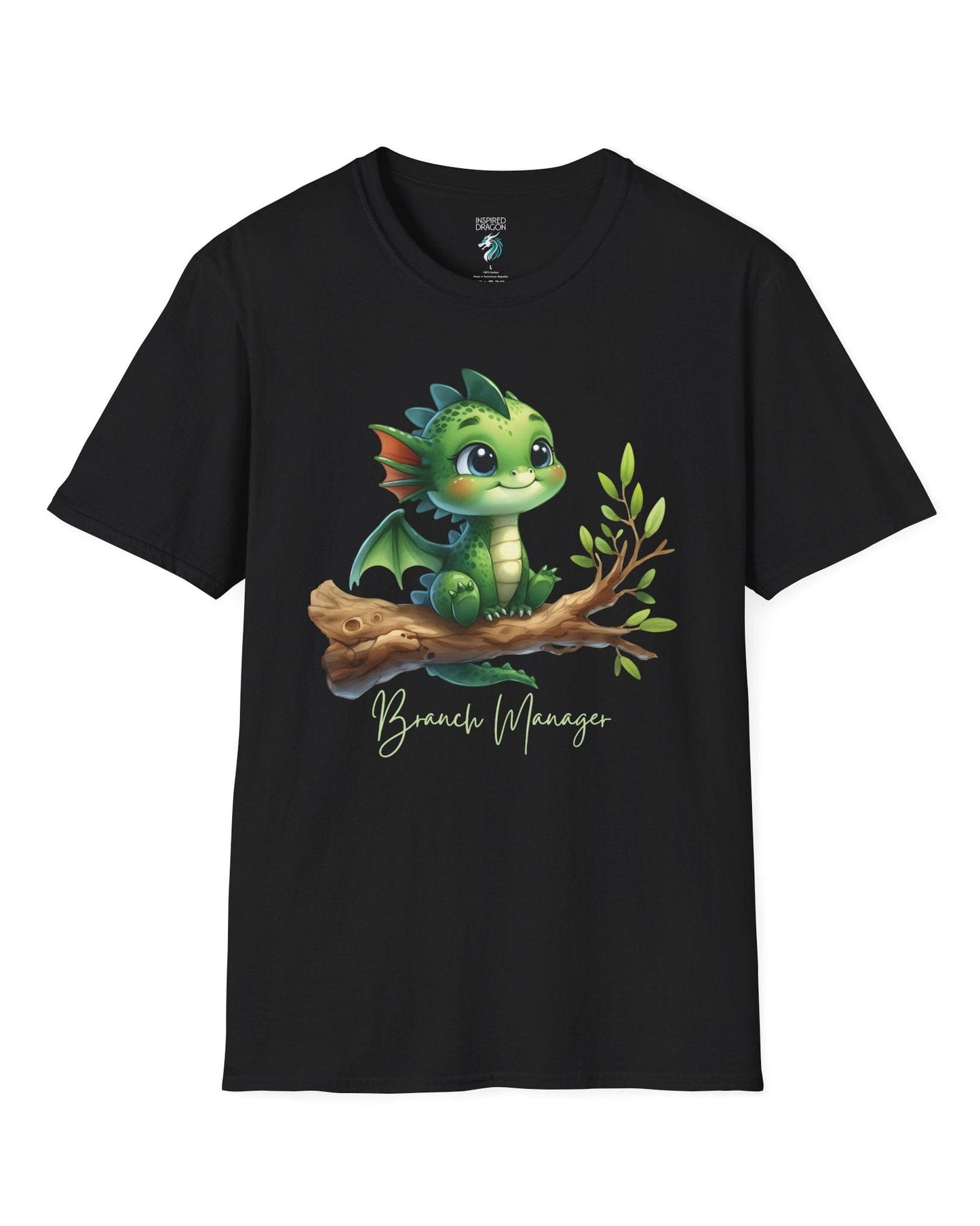 Branch Manager shirt in black featuring a cute green dragon perched on a tree branch with playful handwritten text.