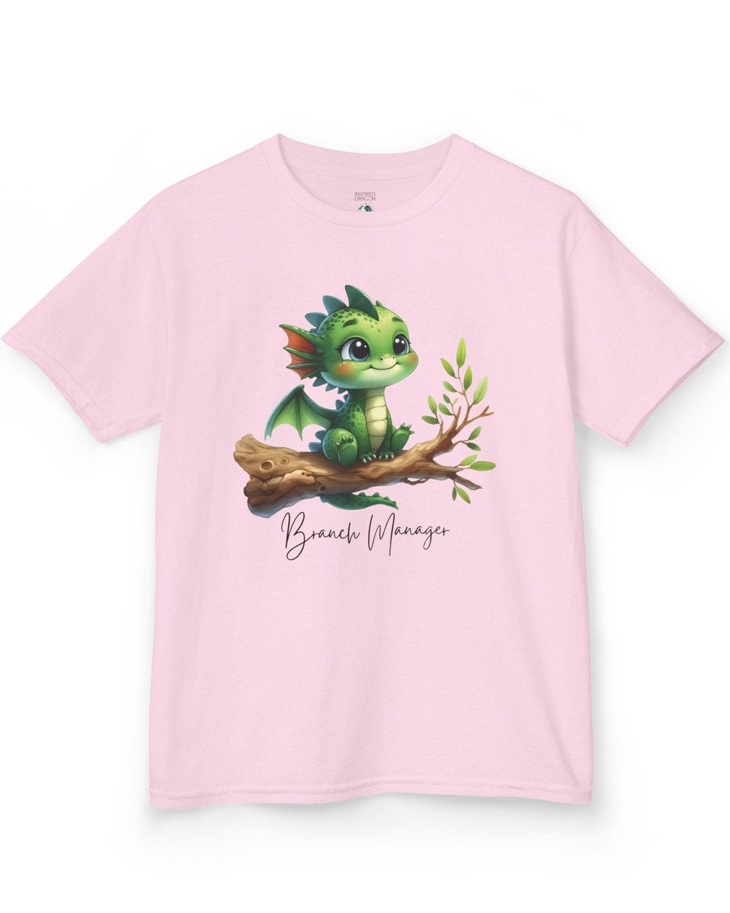 Branch Manager shirt in light pink featuring a cute green dragon perched on a tree branch with playful handwritten text