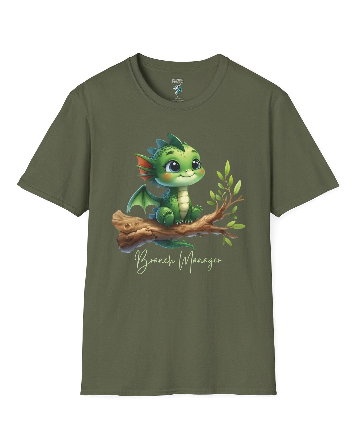 Branch Manager shirt in military green featuring a cute green dragon perched on a tree branch with playful handwritten text.
