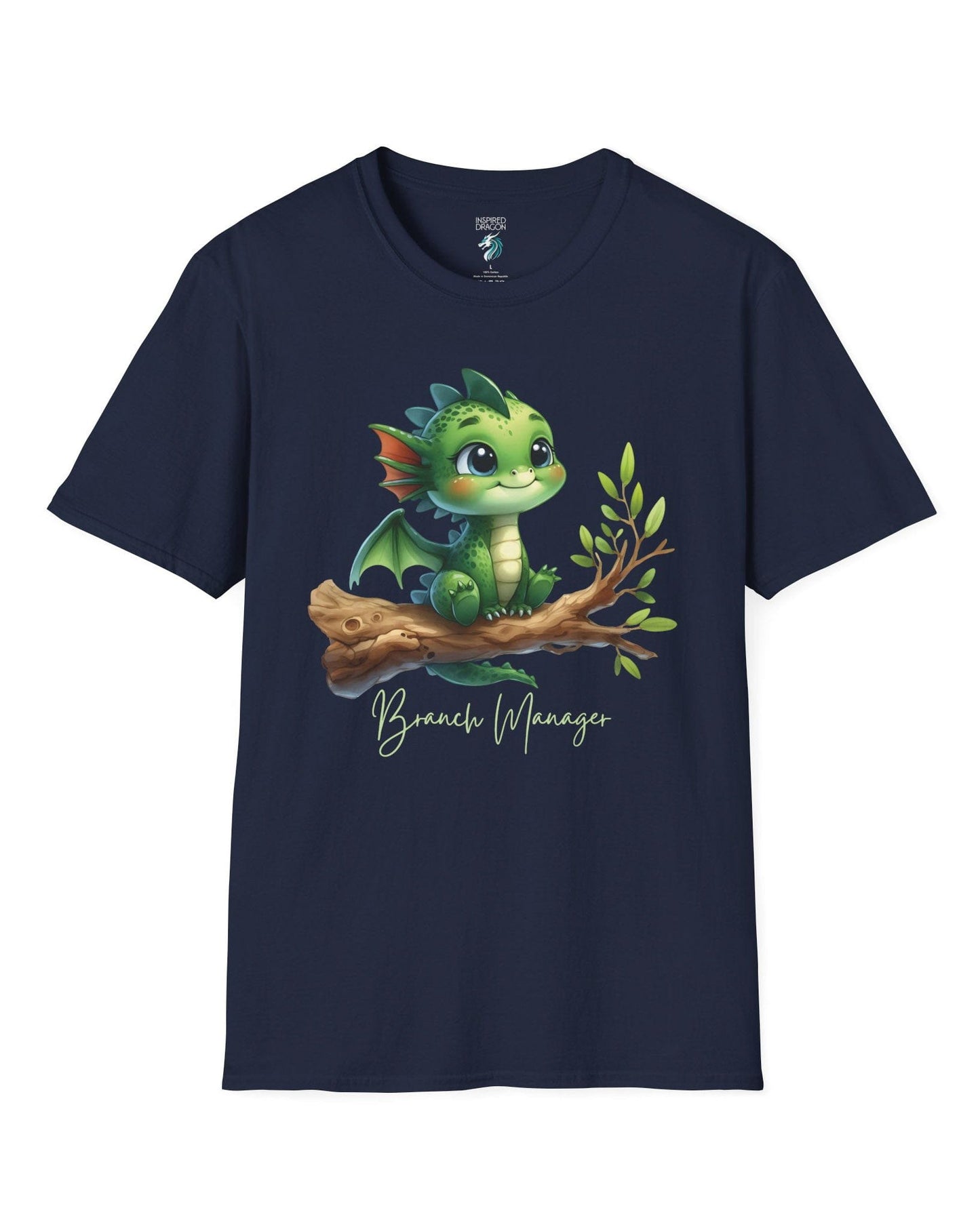 Branch Manager shirt in navy featuring a cute green dragon perched on a tree branch with playful handwritten text.