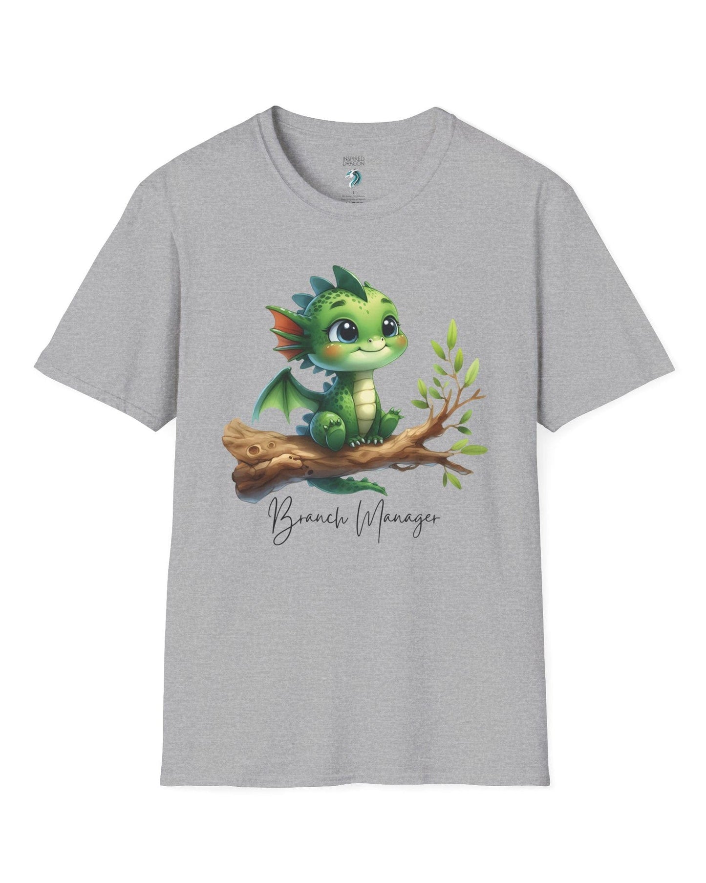 Branch Manager shirt in sport grey featuring a cute green dragon perched on a tree branch with playful handwritten text.