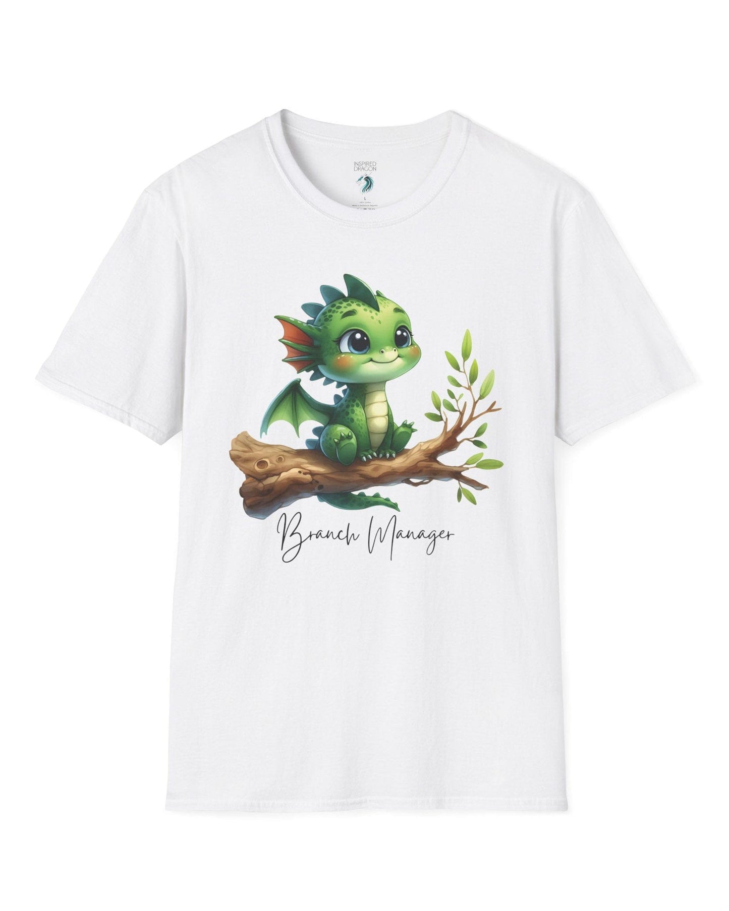 Branch Manager shirt in white featuring a cute green dragon perched on a tree branch with playful handwritten text.