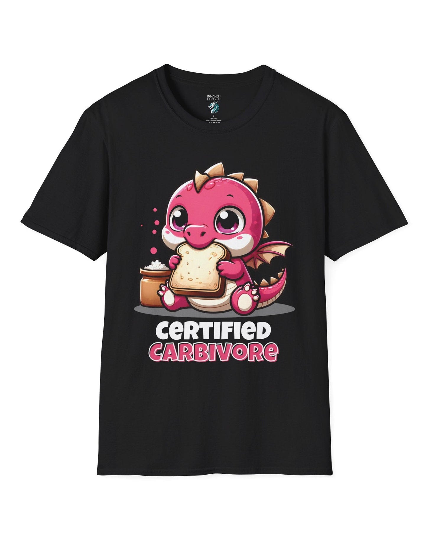 Certified Carbivore shirt in black, featuring a cute pink dragon munching toast, with bold text below.