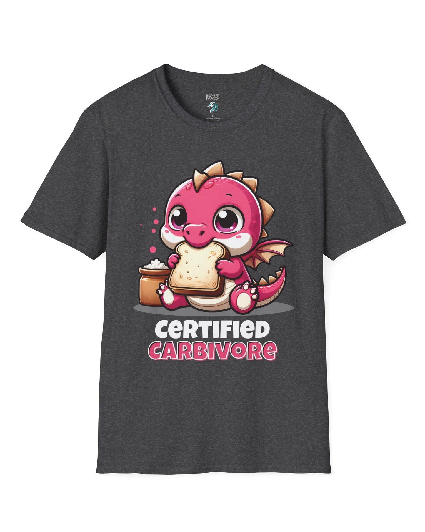 Certified Carbivore shirt in dark heather grey, featuring a cute pink dragon munching toast, with bold text below.