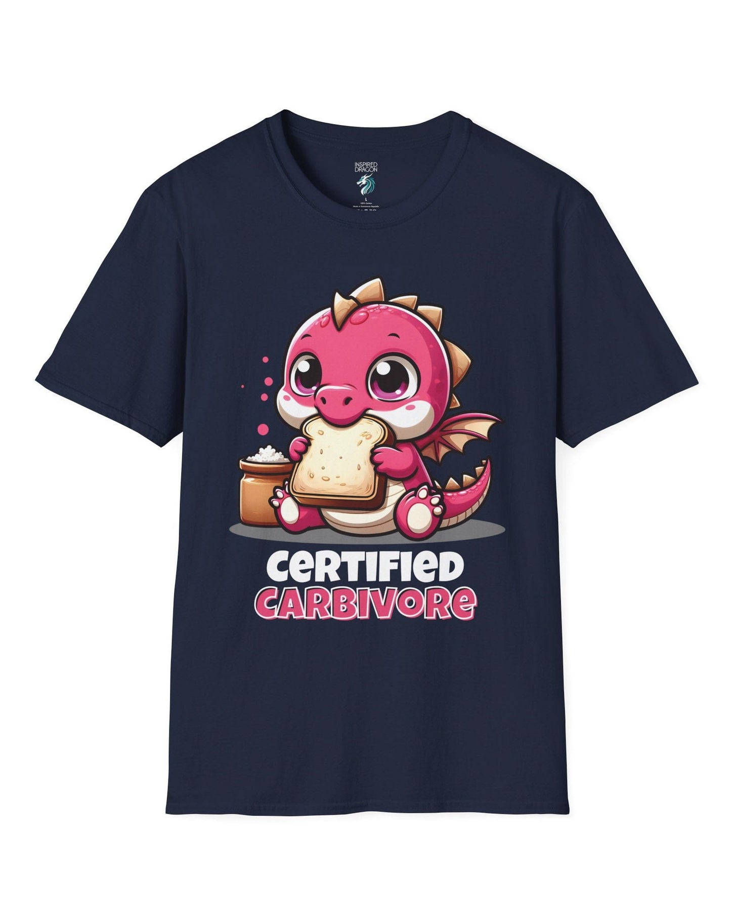 Certified Carbivore shirt in navy, featuring a cute pink dragon munching toast, with bold text below.