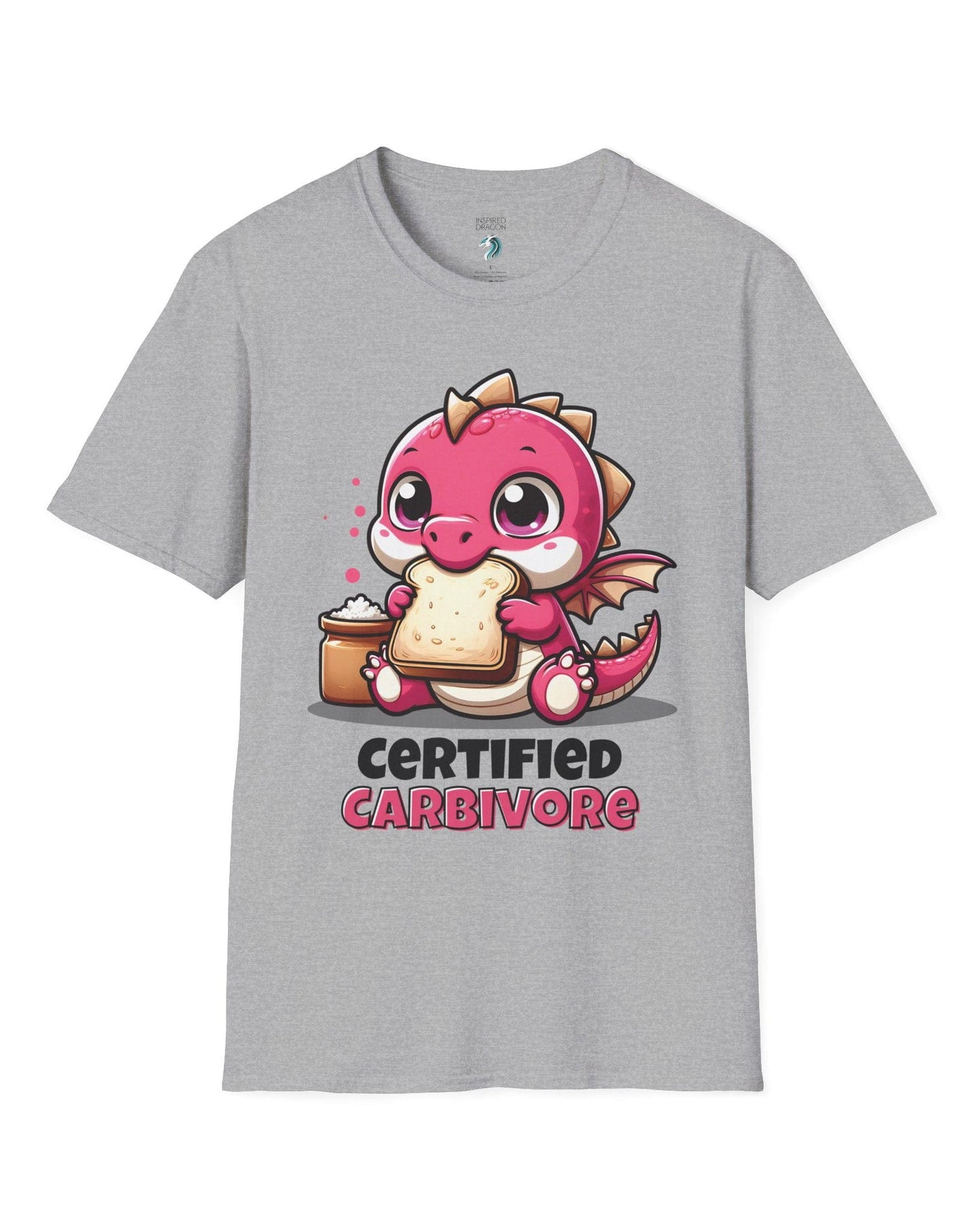 Certified Carbivore shirt in sport grey, featuring a cute pink dragon munching toast, with bold text below.