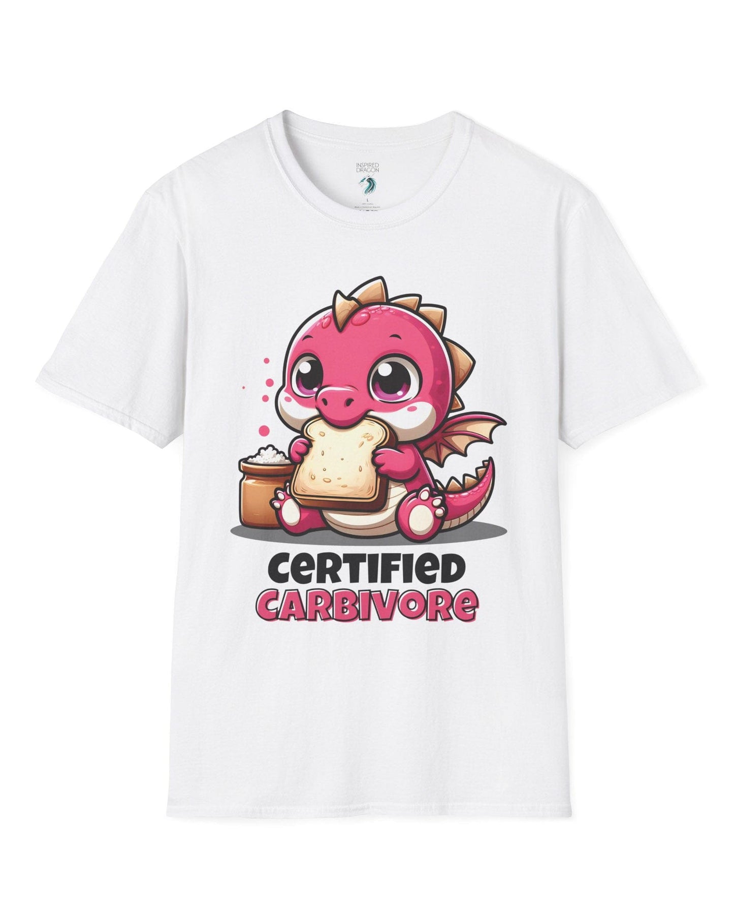 Certified Carbivore shirt in white, featuring a cute pink dragon munching toast, with bold text below.
