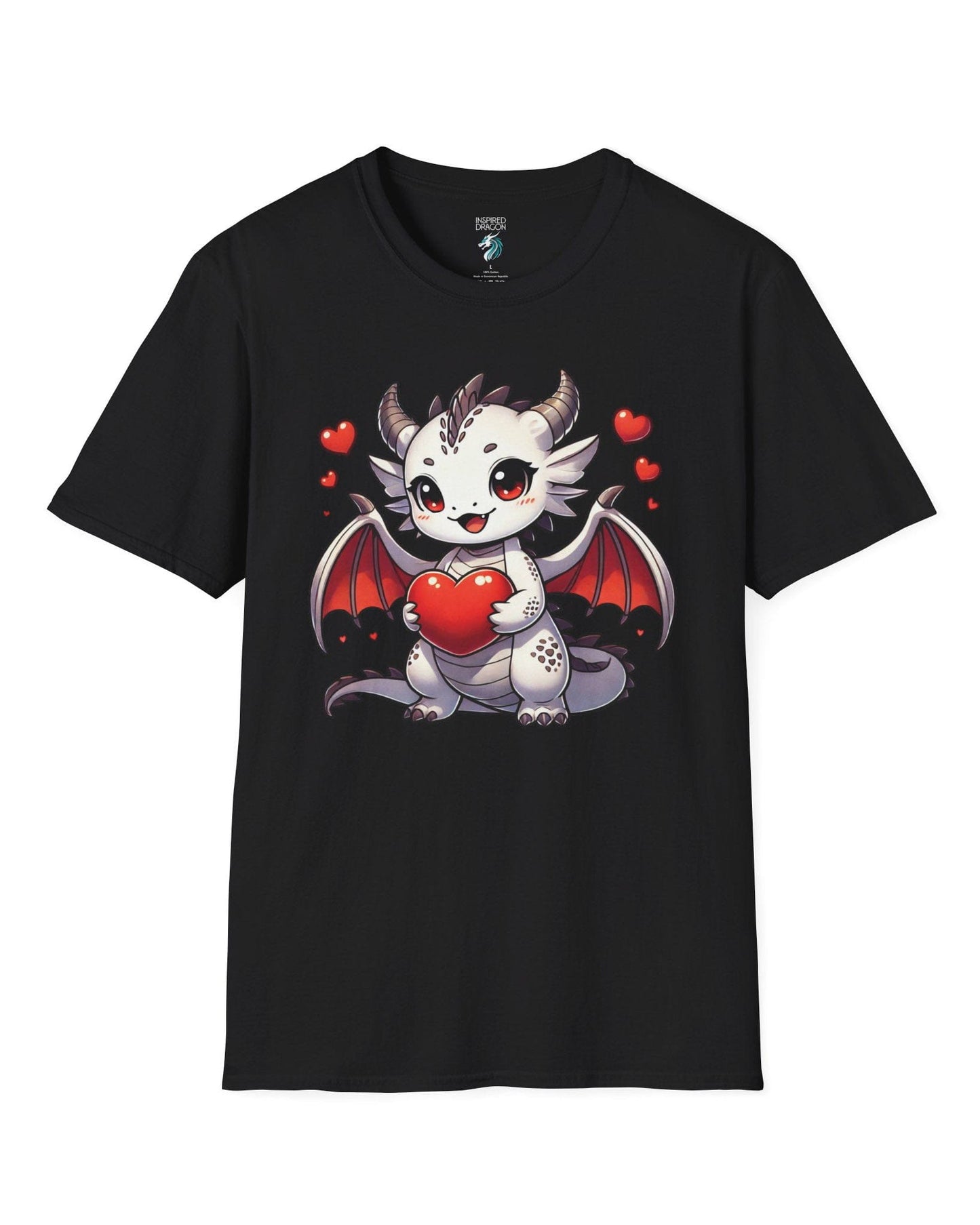 Little Heartstealer shirt in black featuring a chibi white dragon holding a red heart, surrounded by floating hearts.