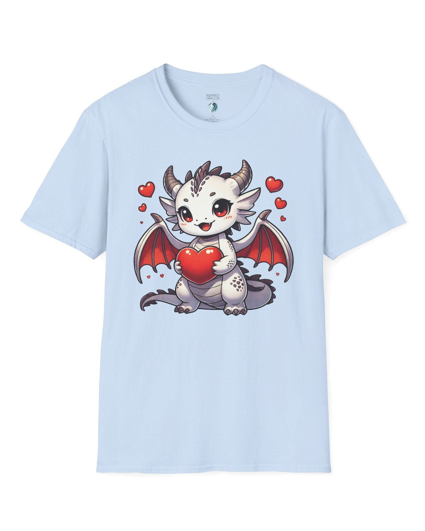 Little Heartstealer shirt in light blue featuring a chibi white dragon holding a red heart, surrounded by floating hearts.