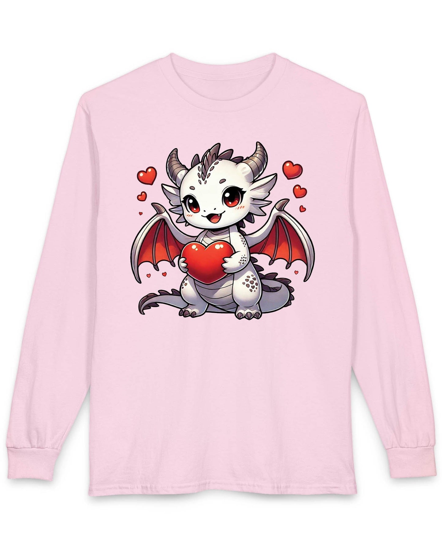 Little Heartstealer shirt in light pink featuring a chibi white dragon holding a red heart surrounded by floating hearts