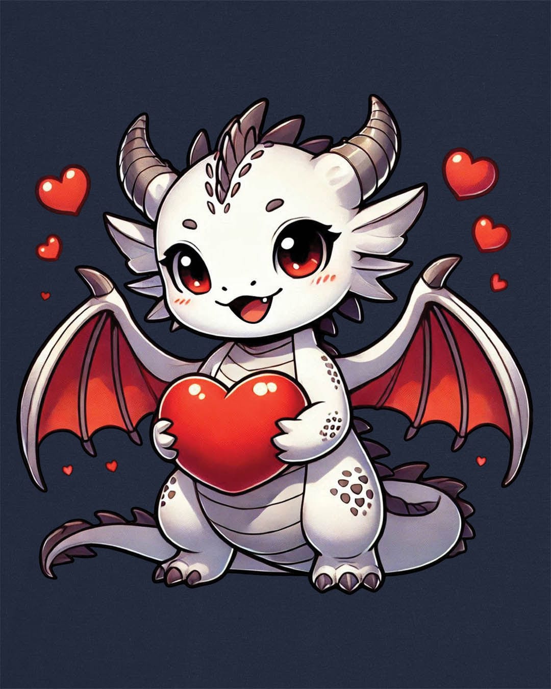 Little Heartstealer shirt in navy featuring a chibi white dragon holding a red heart, surrounded by floating hearts.