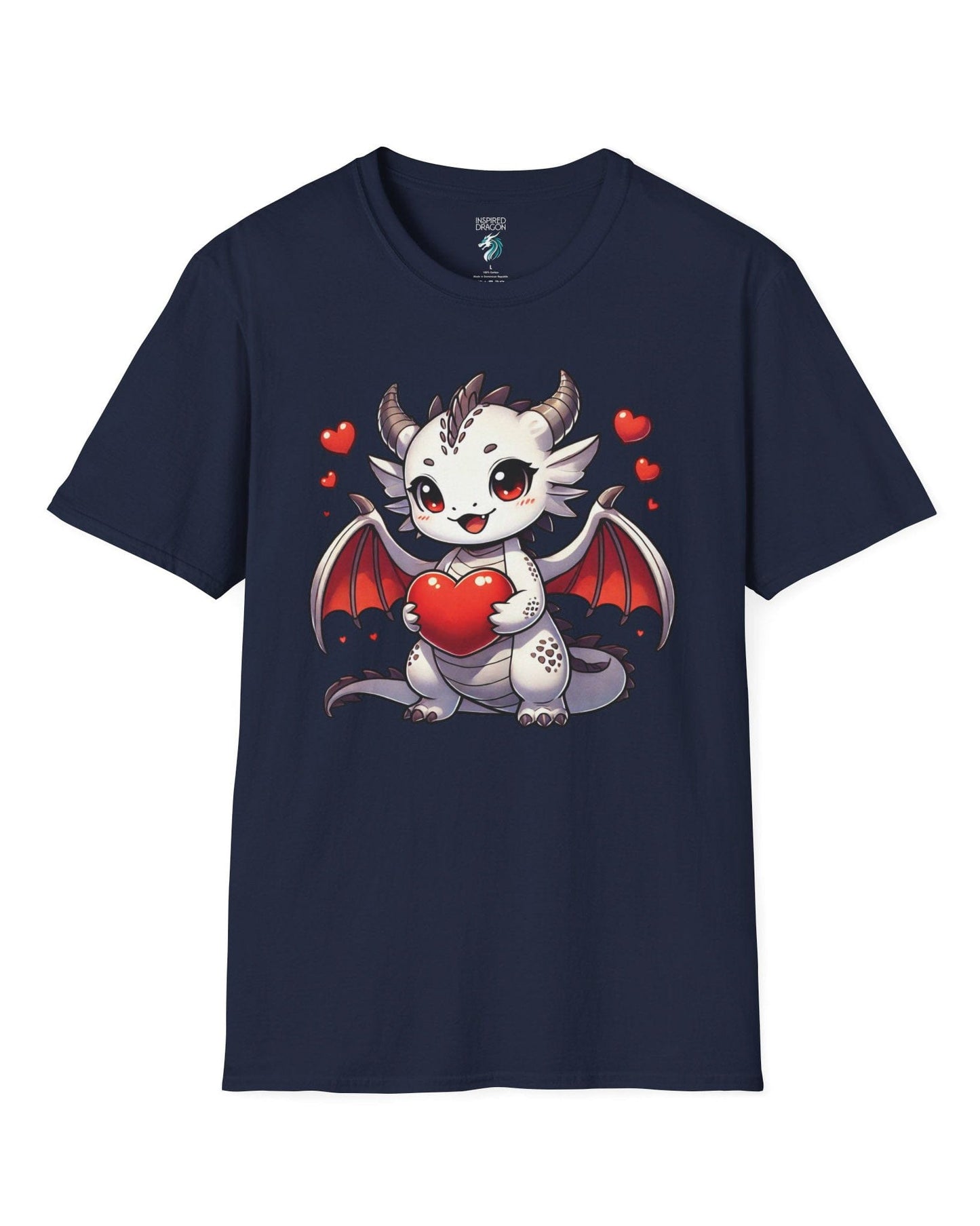 Little Heartstealer shirt in navy featuring a chibi white dragon holding a red heart, surrounded by floating hearts.