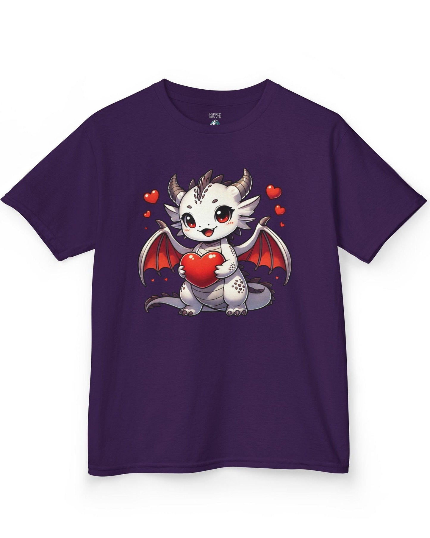 Little Heartstealer shirt in purple featuring a chibi white dragon holding a red heart surrounded by floating hearts