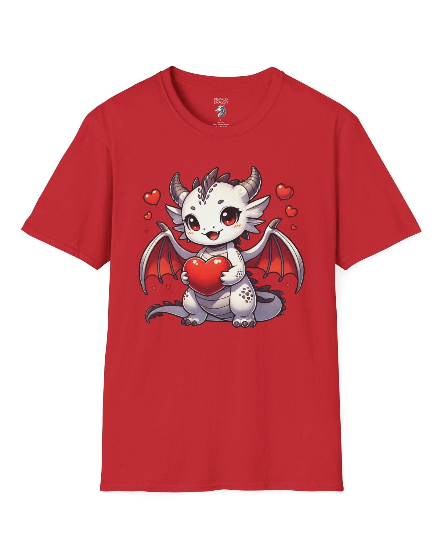 Little Heartstealer shirt in red featuring a chibi white dragon holding a red heart, surrounded by floating hearts.