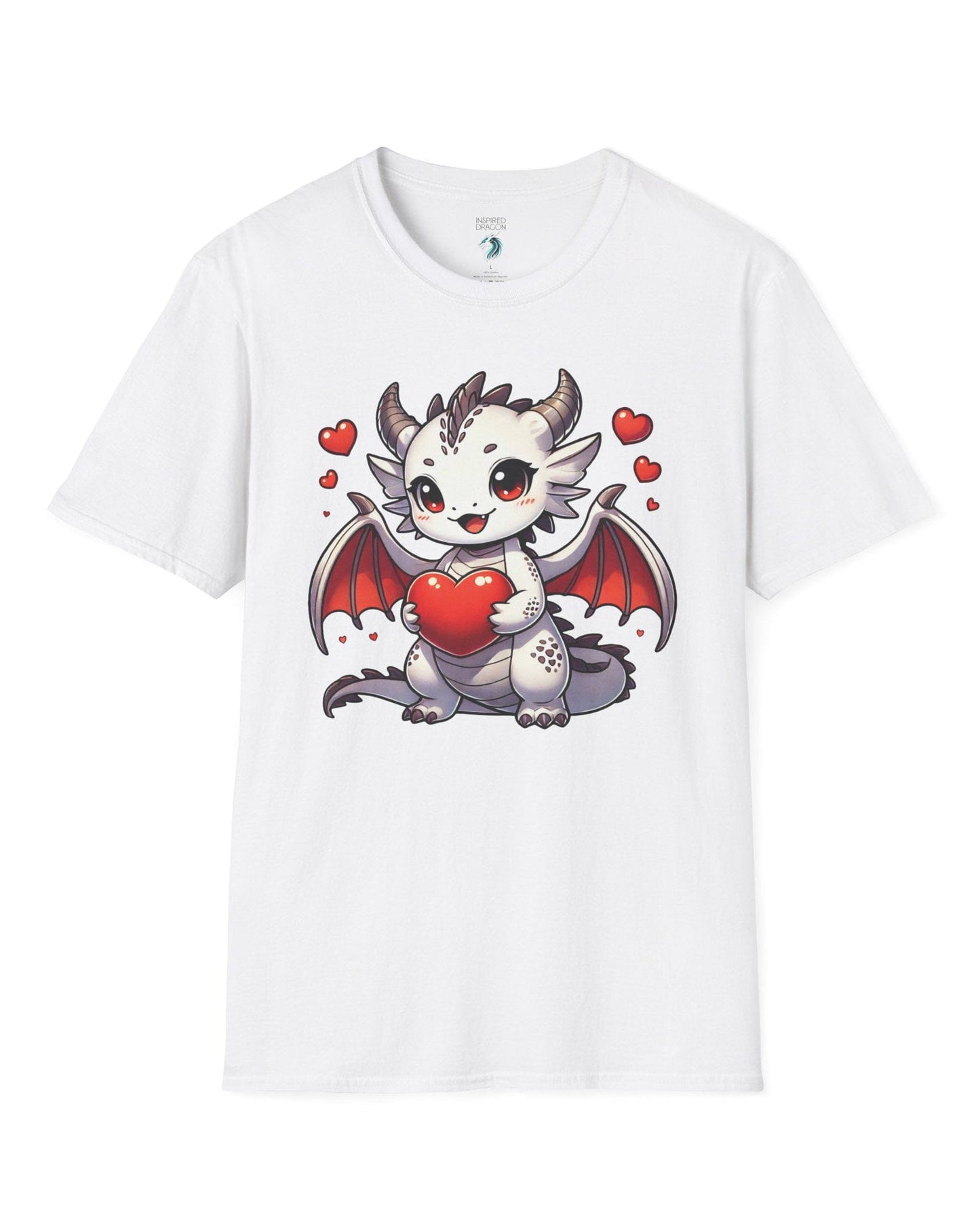 Little Heartstealer shirt in white featuring a chibi white dragon holding a red heart, surrounded by floating hearts.