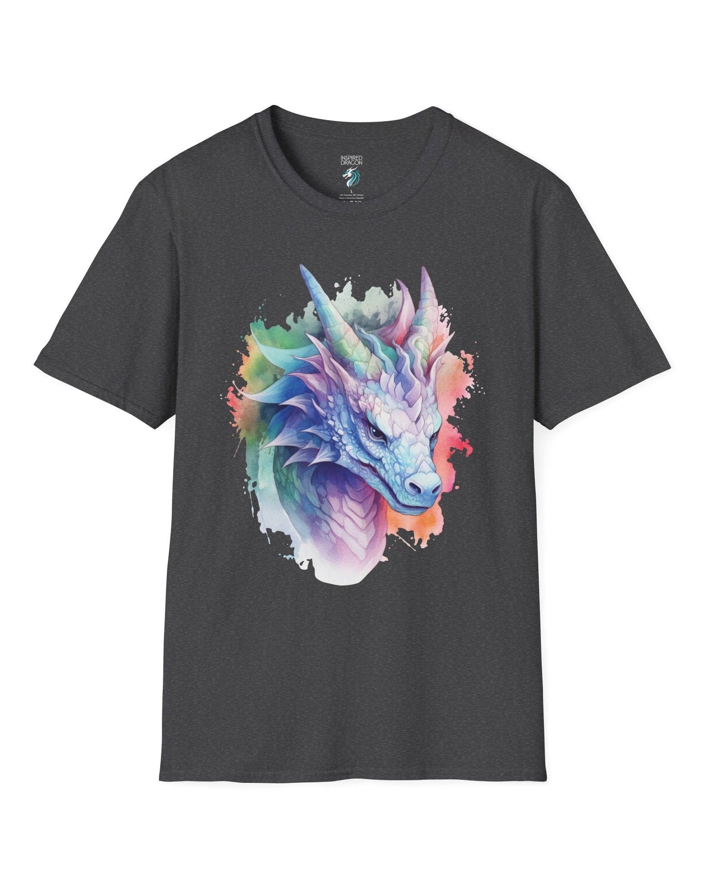 Opalescent Mirage shirt in dark heather grey featuring a pastel dragon portrait in a watercolor style with iridescent hues.