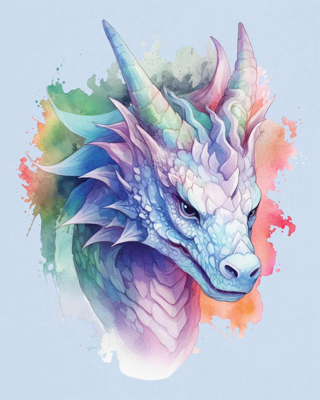 Opalescent Mirage shirt in light blue featuring a pastel dragon portrait in a watercolor style with iridescent hues.