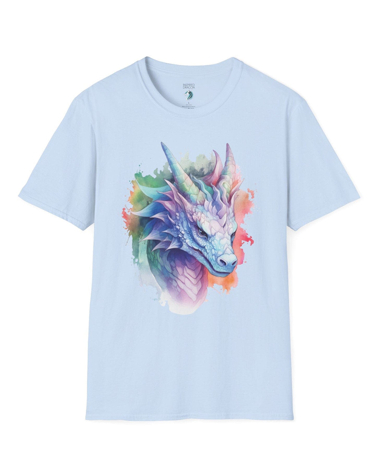 Opalescent Mirage shirt in light blue featuring a pastel dragon portrait in a watercolor style with iridescent hues.