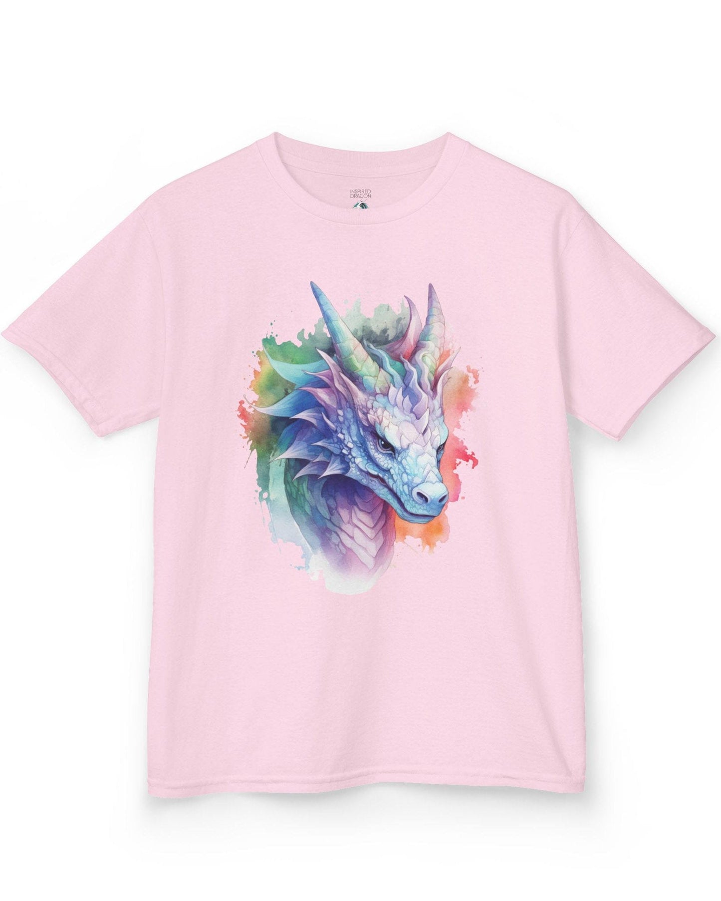 Opalescent Mirage shirt in light pink featuring a pastel dragon portrait in a watercolor style with iridescent hues.