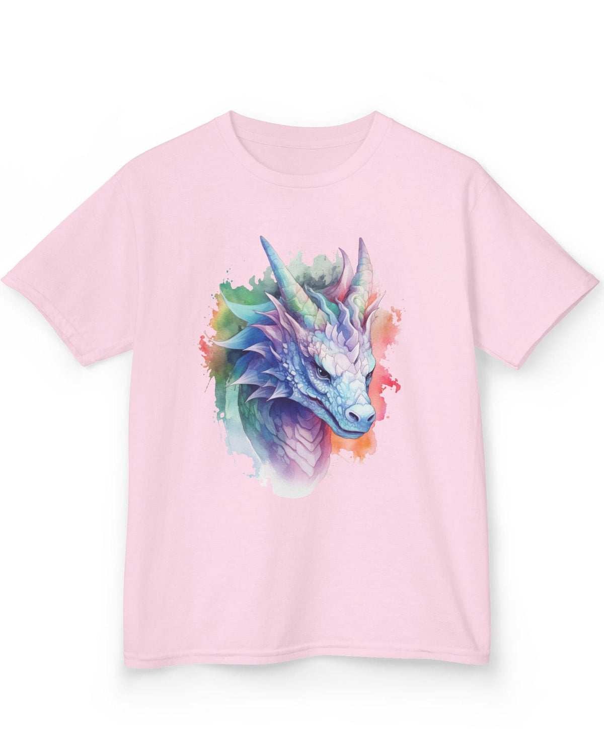 Opalescent Mirage shirt in light pink featuring a pastel dragon portrait in a watercolor style with iridescent hues