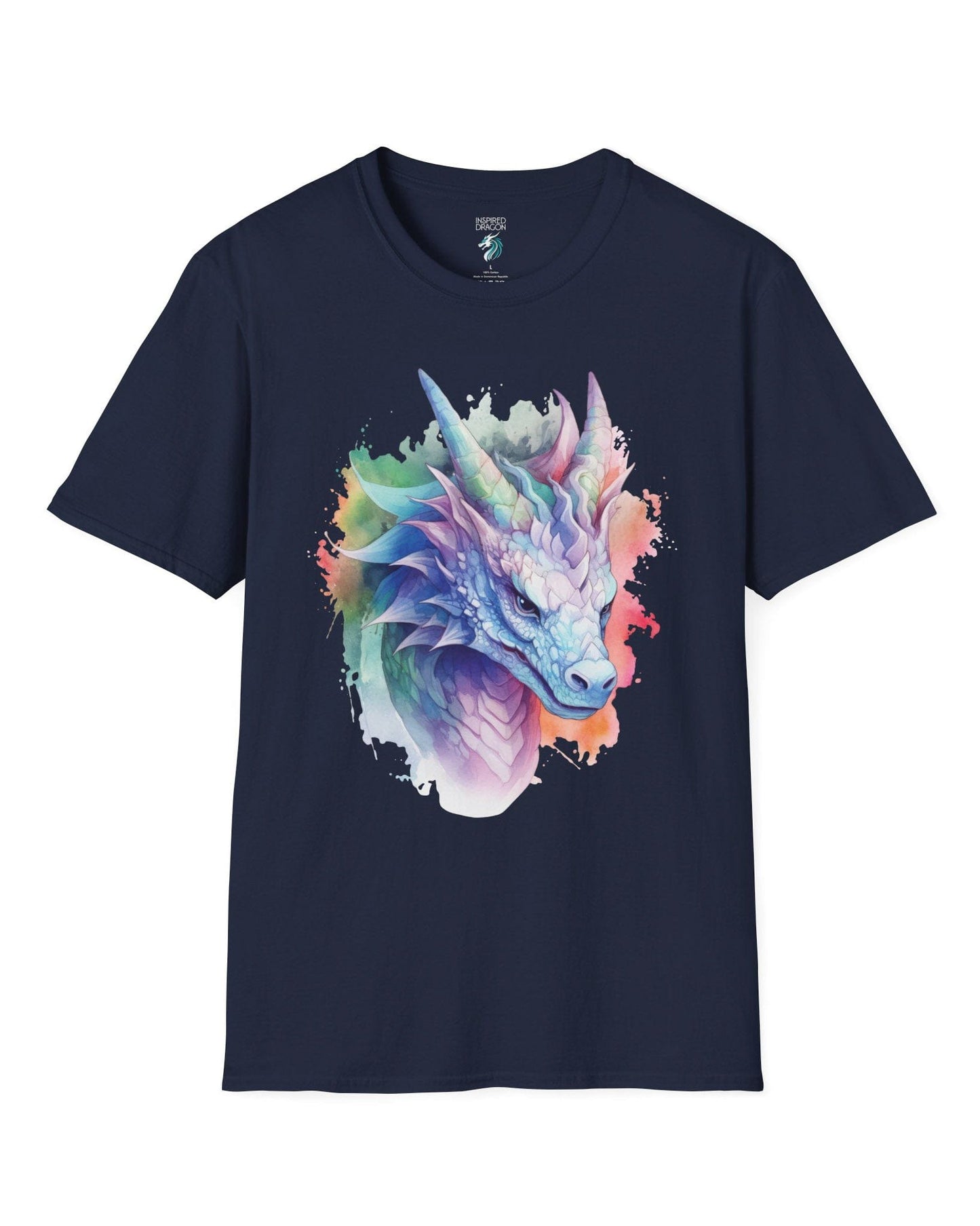 Opalescent Mirage shirt in navy featuring a pastel dragon portrait in a watercolor style with iridescent hues.
